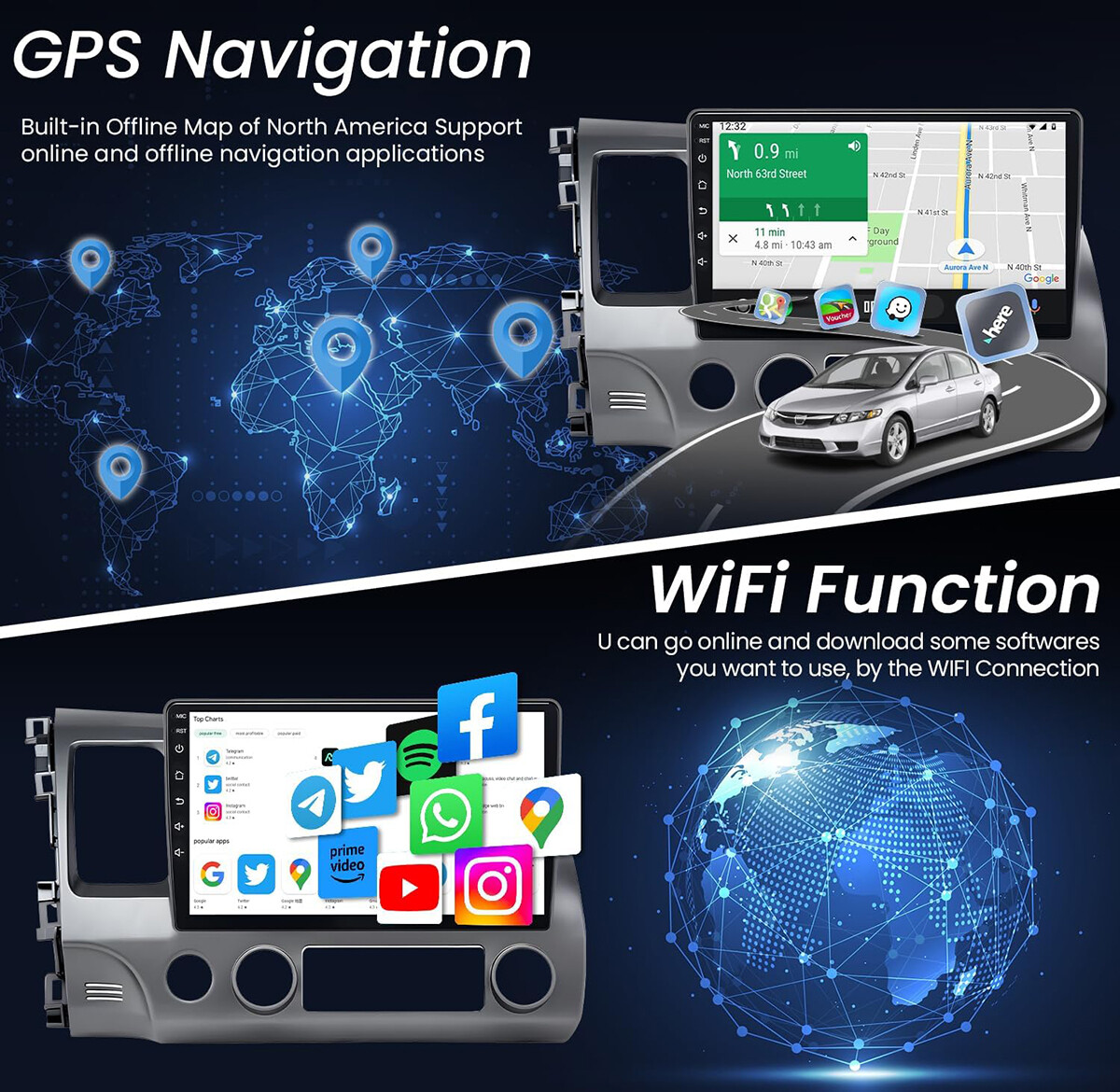 For Honda Civic 2006-2011 Apple CarPlay Android 12.0 Car Stereo Radio GPS Navi