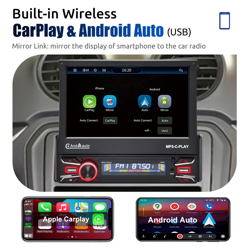 Carplay Single 1DIN 7″ Flip Out Car Stereo Head Unit FM Radio USB TF with Camera