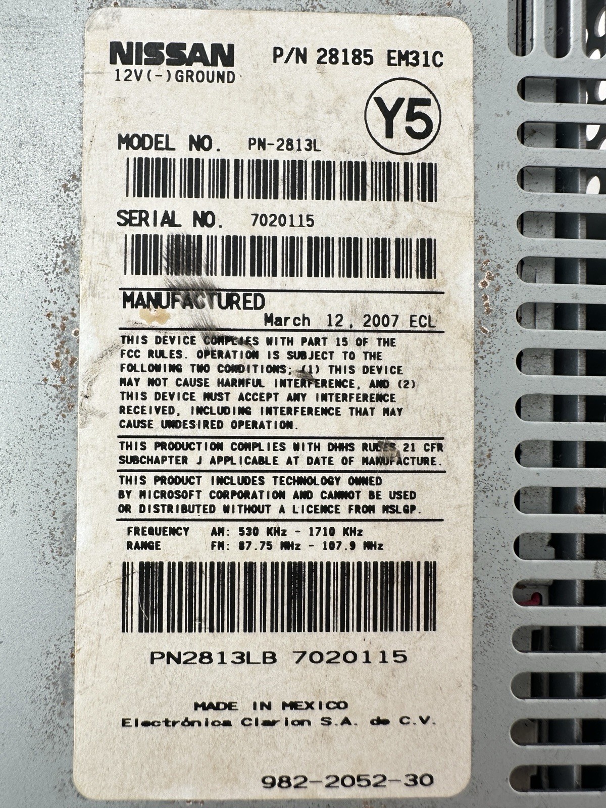 2007-2009 NISSAN VERSA RADIO RECEIVER AM-FM-6 DISC CD PLAYER ID- PN-2813L Untest