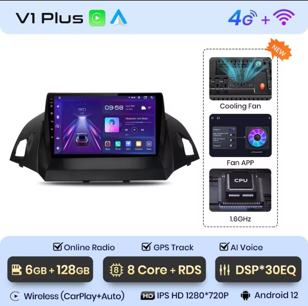 2 DIN 9″ RADIO FOR FORD KUGA BLUETOOTH GPS WI-FI USB 6/128 CARPLAY NAVIGATOR 4G