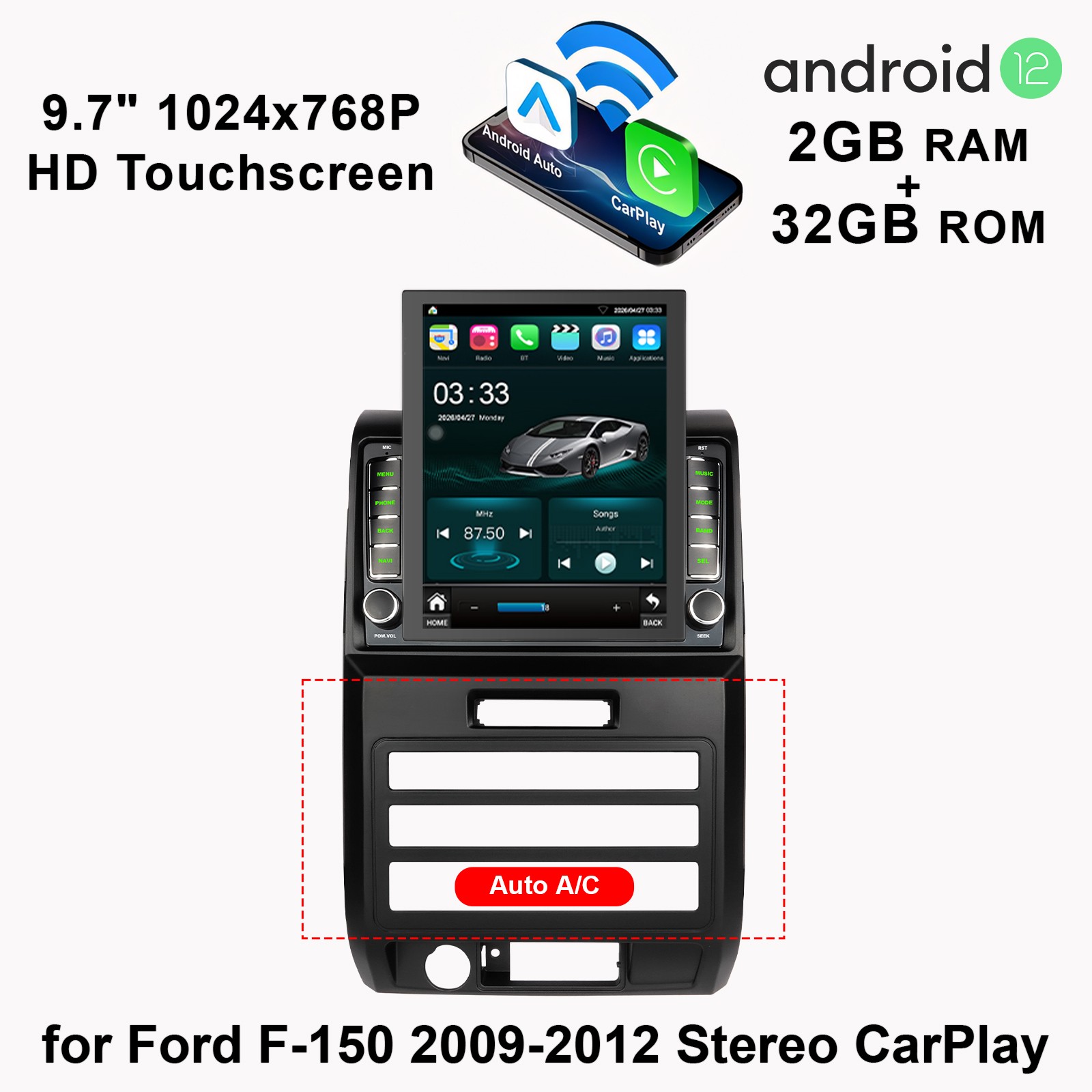 for Ford F-150 2009-2012 9.7inch Stereo CarPlay 2+32G GPS Radio Navigation +BT