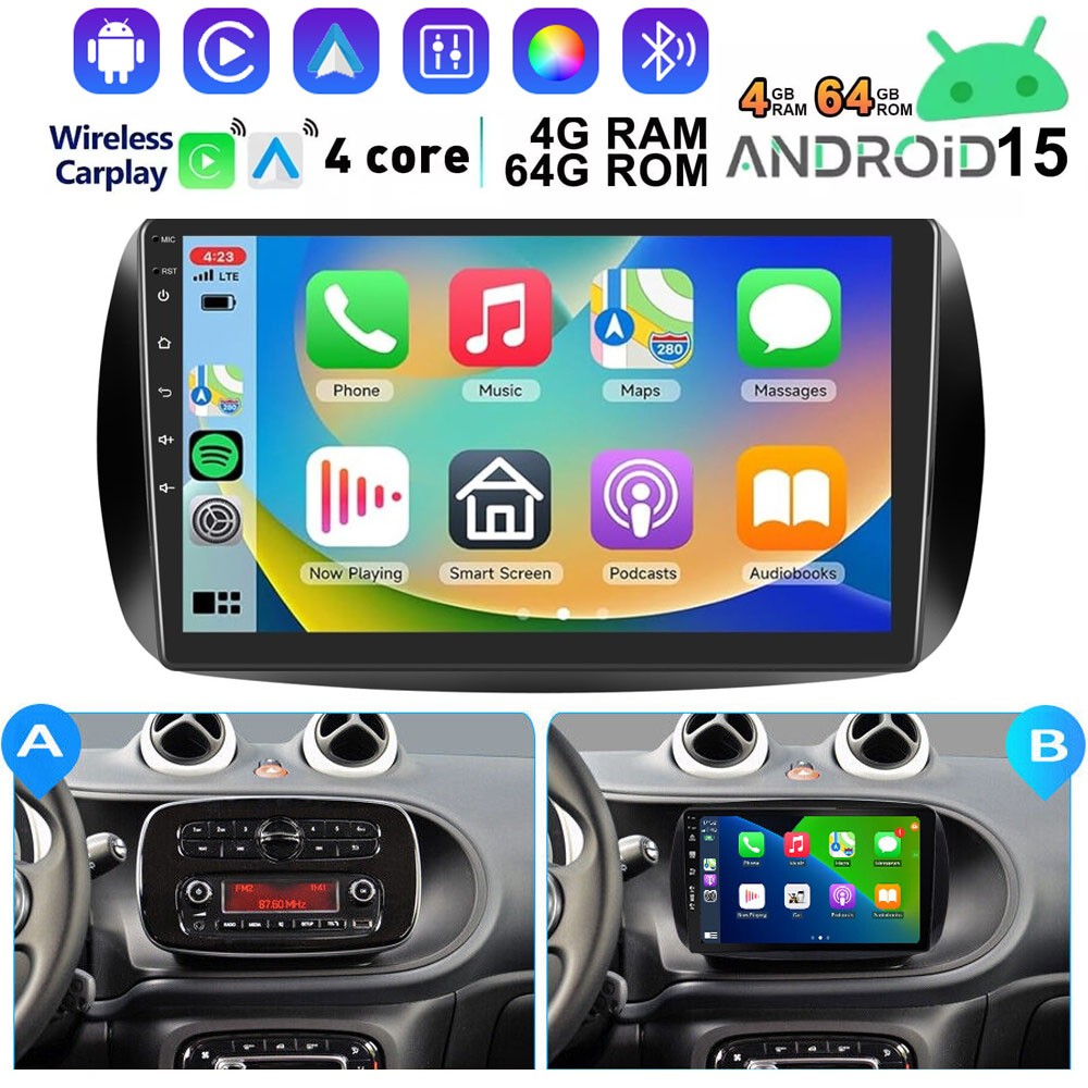 For Benz Smart Forfour Fortwo 453 4+64GB Carplay Car Radio Android 15 WIFI CAM