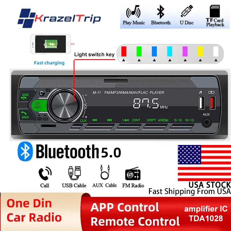 45W 1 Din Car Radio Audio Stereo MP3 Player Bluetooth USB/AUX/FM
