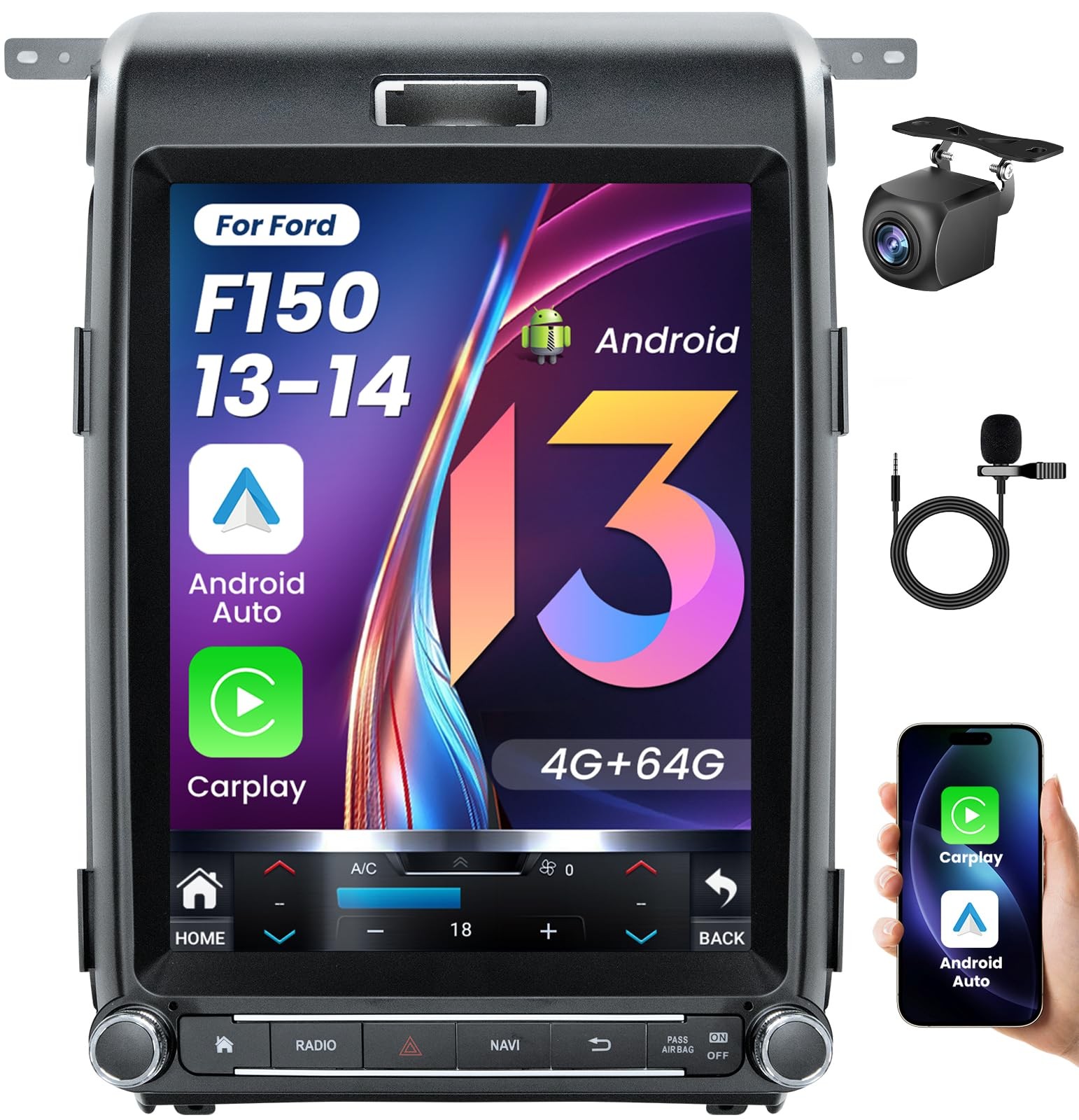 Car Radio Stereo Carplay For 2013-2014 Ford F150 4+64G 12.1in Media Stereo
