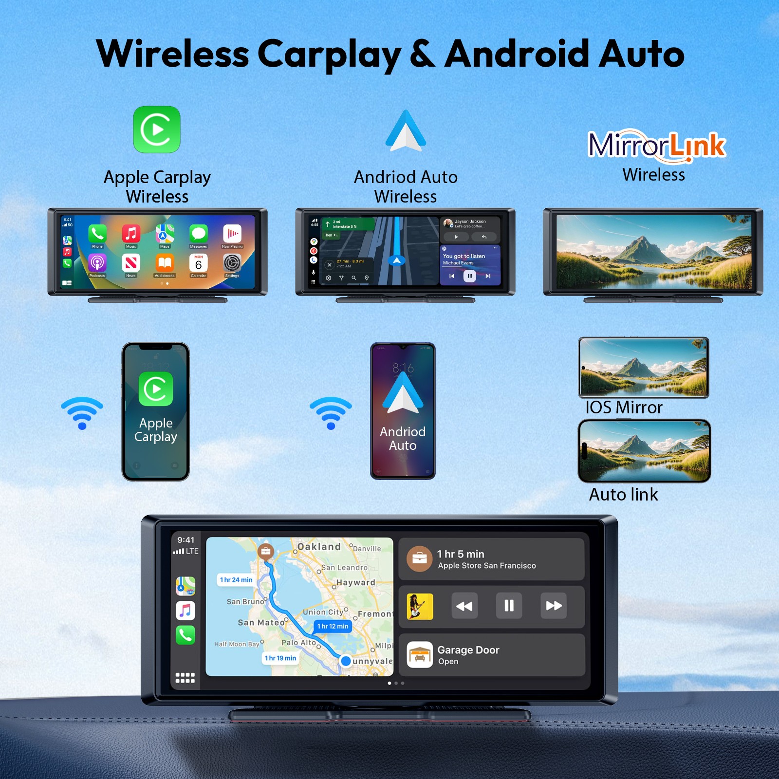 8.1″ Large Screen Portable Carplay Android Auto With Cam Car Stereo SAT NAV BT