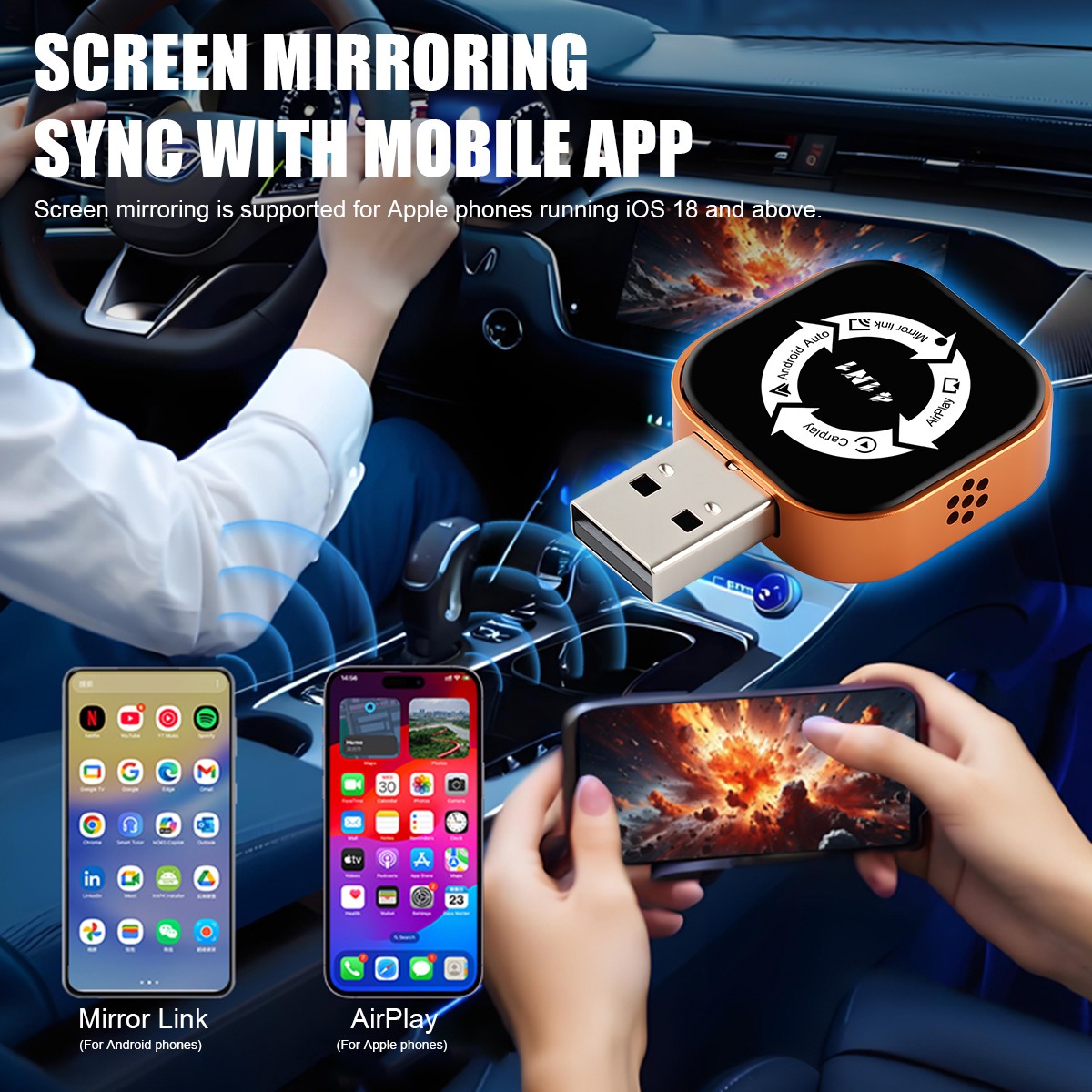 Wireless Carplay Adapter Airplay Android Auto Bluetooth Wi-fi Mirror Link Screen