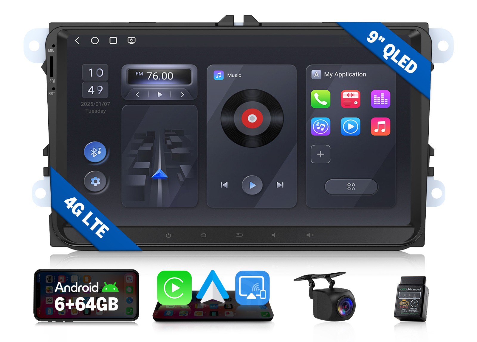 9″ QLED 6+64 Android Car Stereo CarPlay for VW Golf MK5 MK6 GTI Screen Mirroring