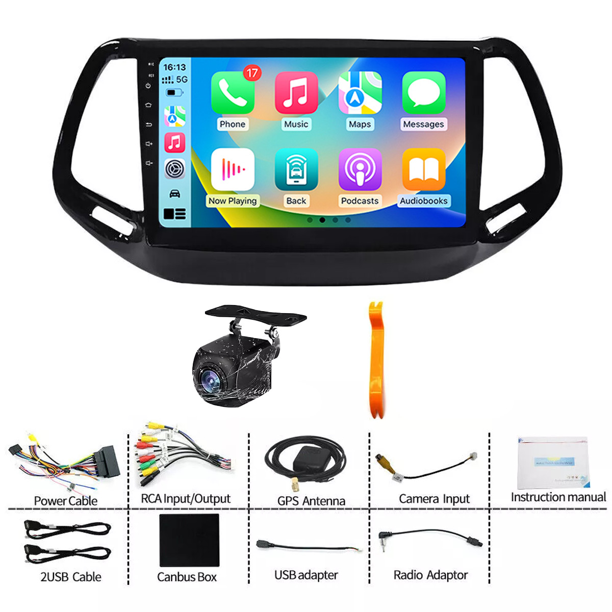 Carplay Radio For 2017-2020 Jeep Compass FM RDS Backup Cam Head Unit Back Camera