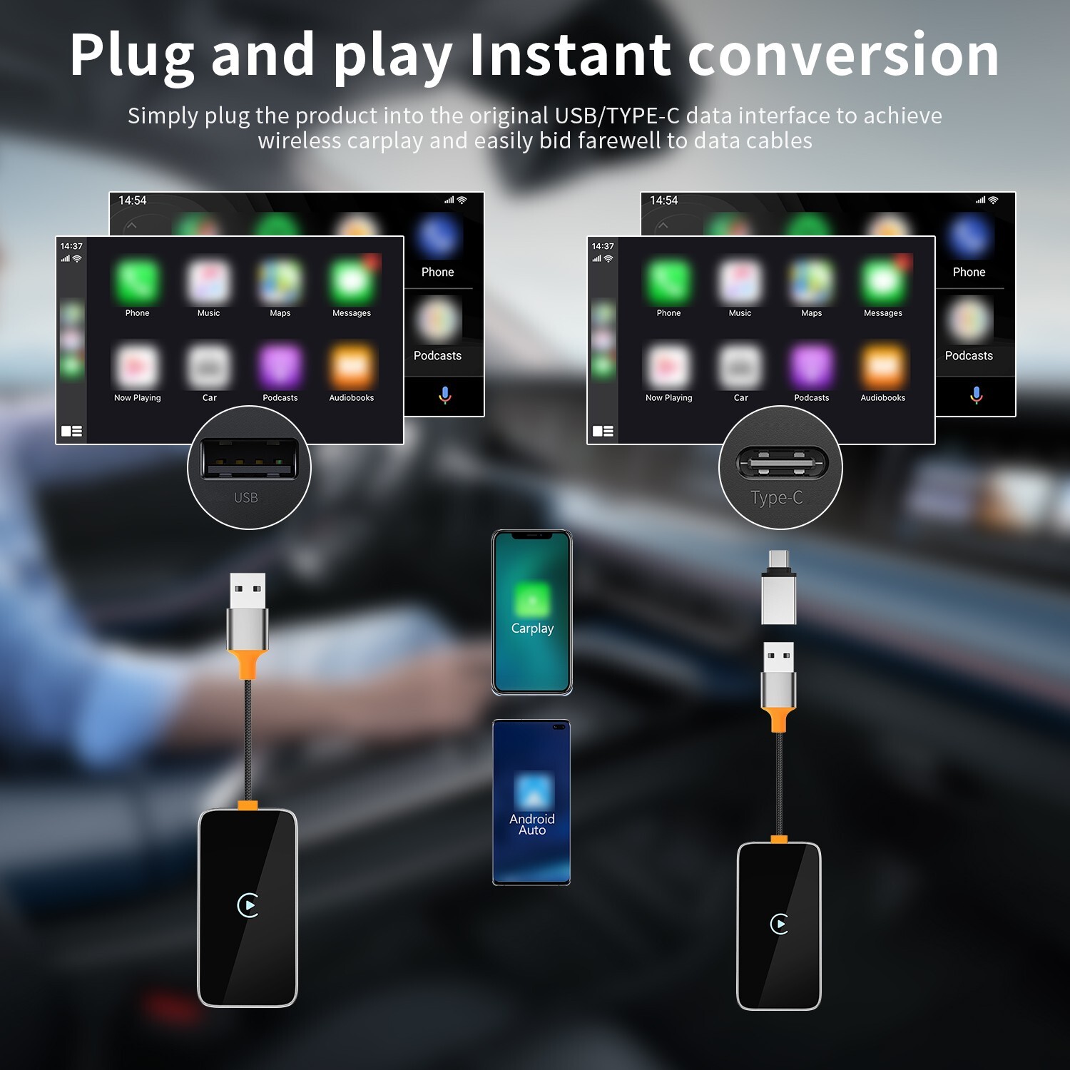 Wireless CarPlay Adapter For iPhone AND Android USB and TYPE C