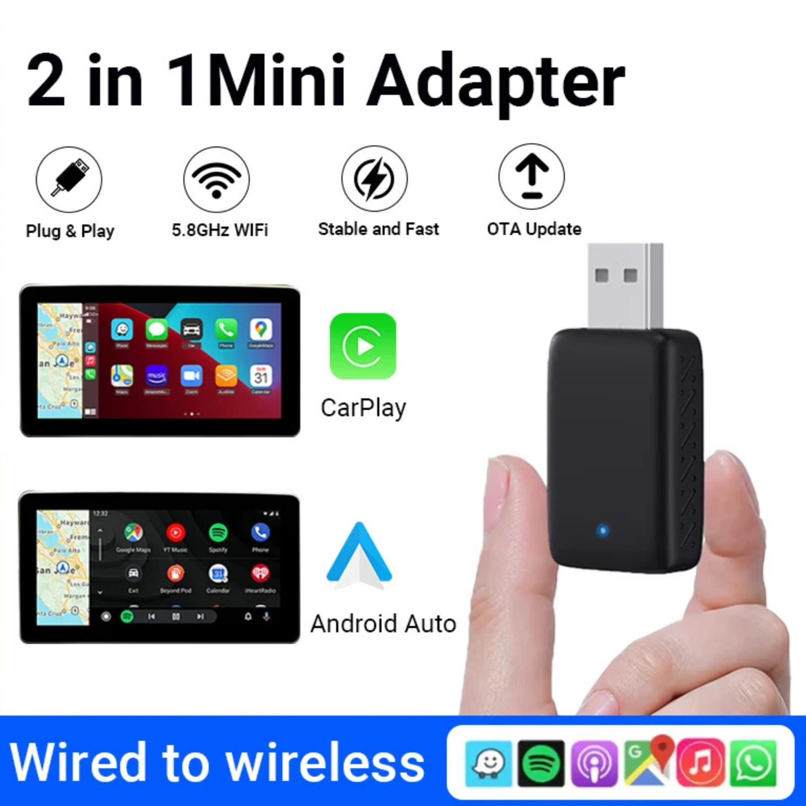 2026 2 in 1 Wireless CarPlay Adapter & Android Auto Wireless Adapter