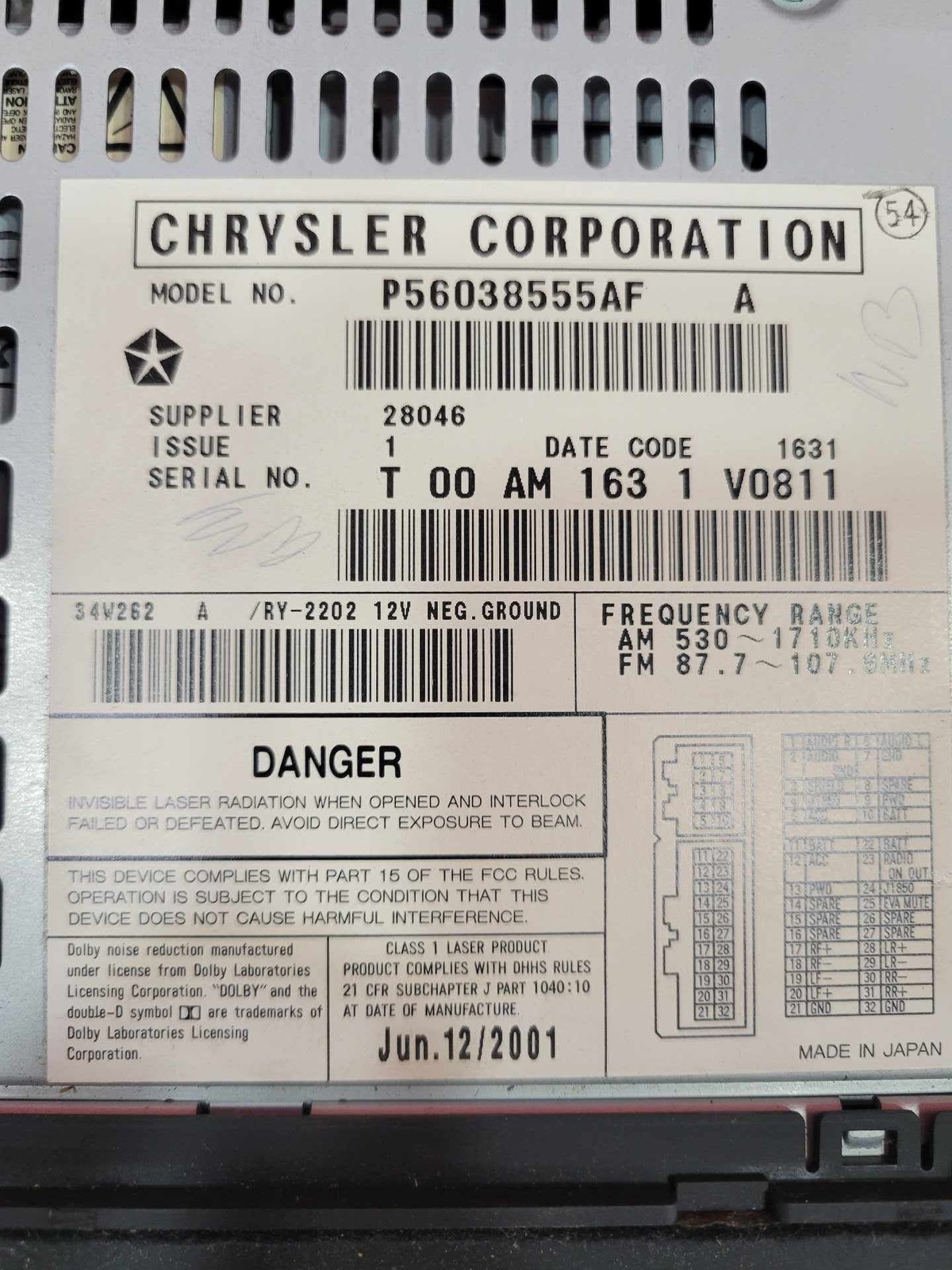 02-04 Dodge Chrysler Jeep Audio Radio Receiver (ID RAZ) (OEM P56038555AF)