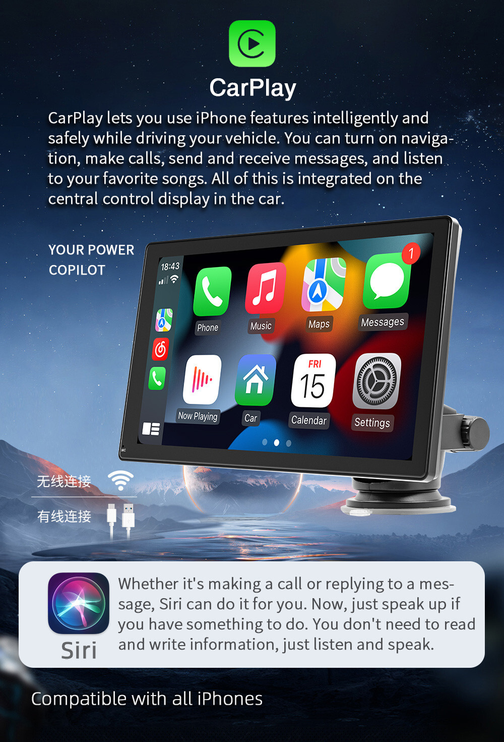 Car Radio MP5 Player For Apple CarPlay Bluetooth Mirror Link Built-in Speaker