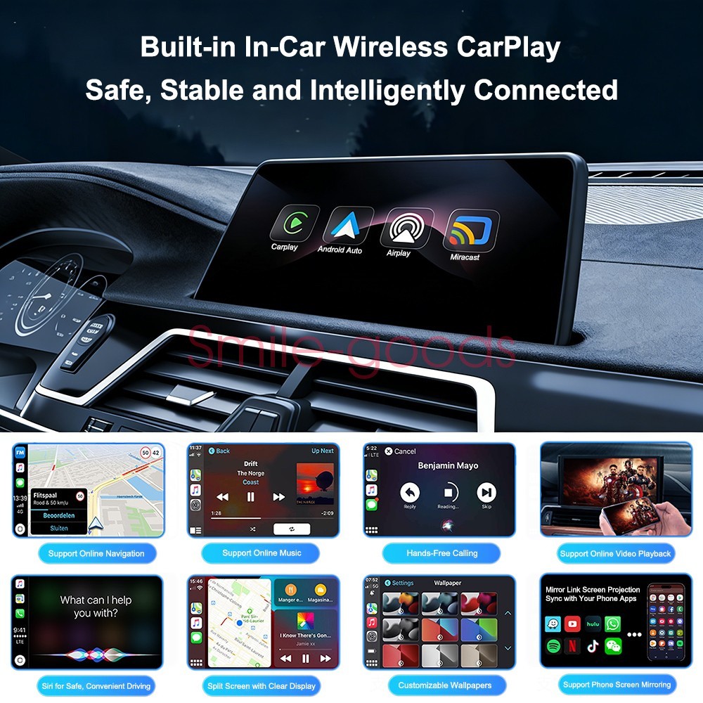 4in1 Wired to Wireless CarPlay Adapter for Apple iPhone Android Mirror Link