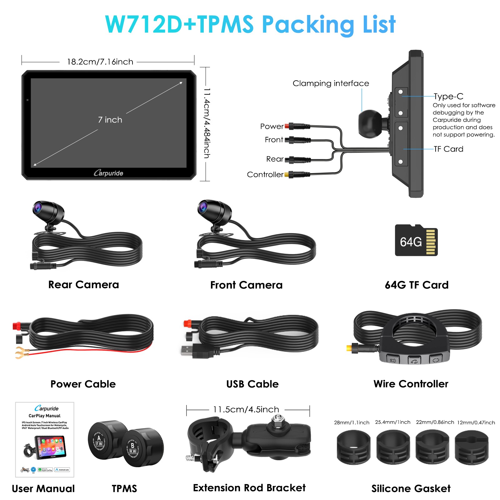 Carpuride W712D TPMS Wireless Carplay Wired Controlled Rotatable screen Dash Cam