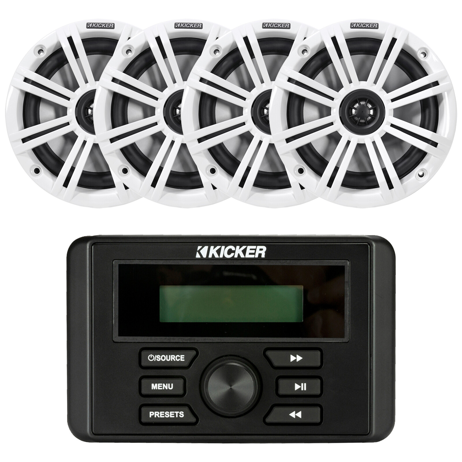 4x 6.5″ Kicker White Marine Speakers, Kicker KMC3 Bluetooth USB Radio Receiver