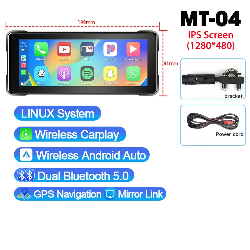 Motorcycle DVR IPX7 Waterproof Wireless Carplay Android Auto Display IPS Screen