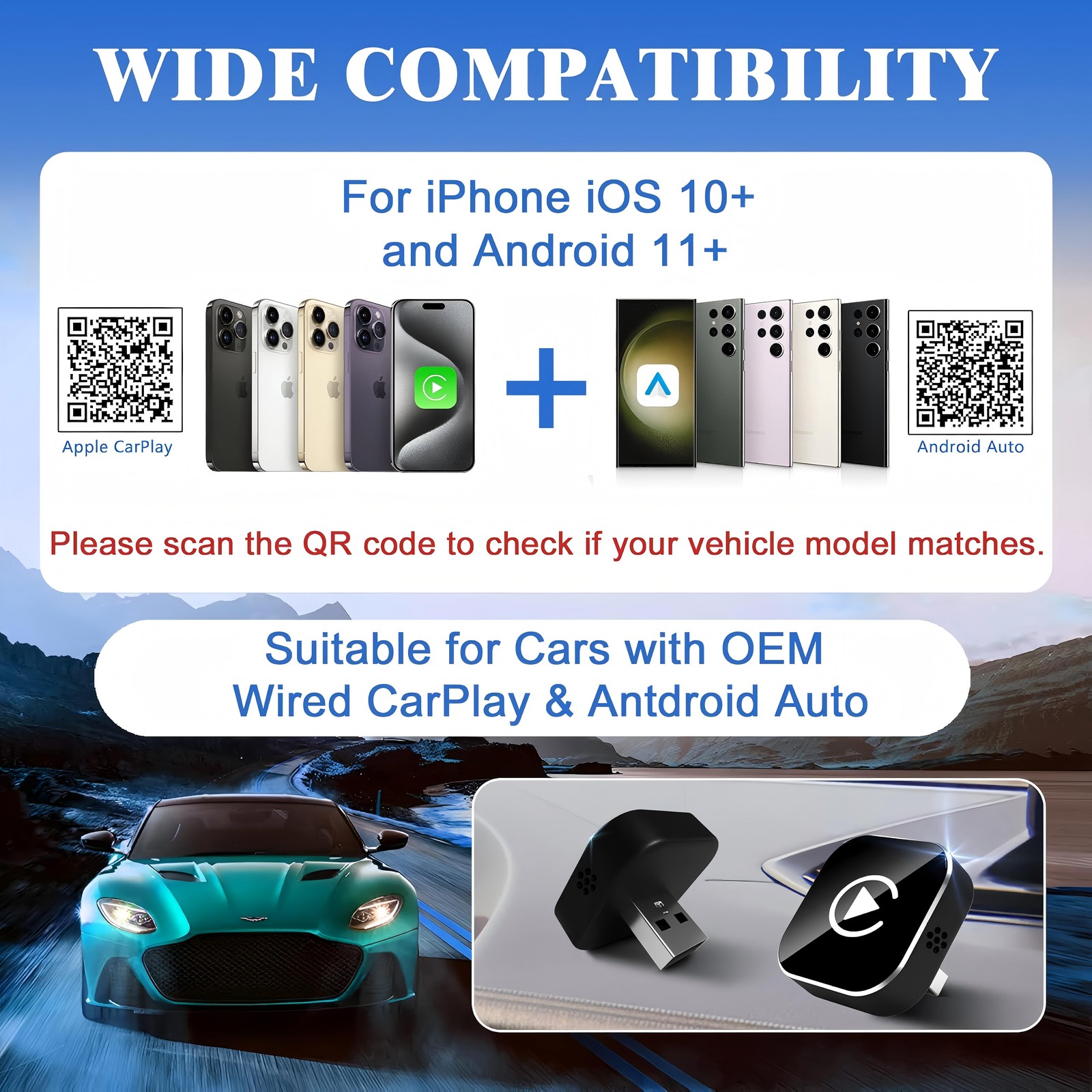 2PCS Wireless USB Carplay Adapter Dongle For iPhone Apple Android Auto Plug Play