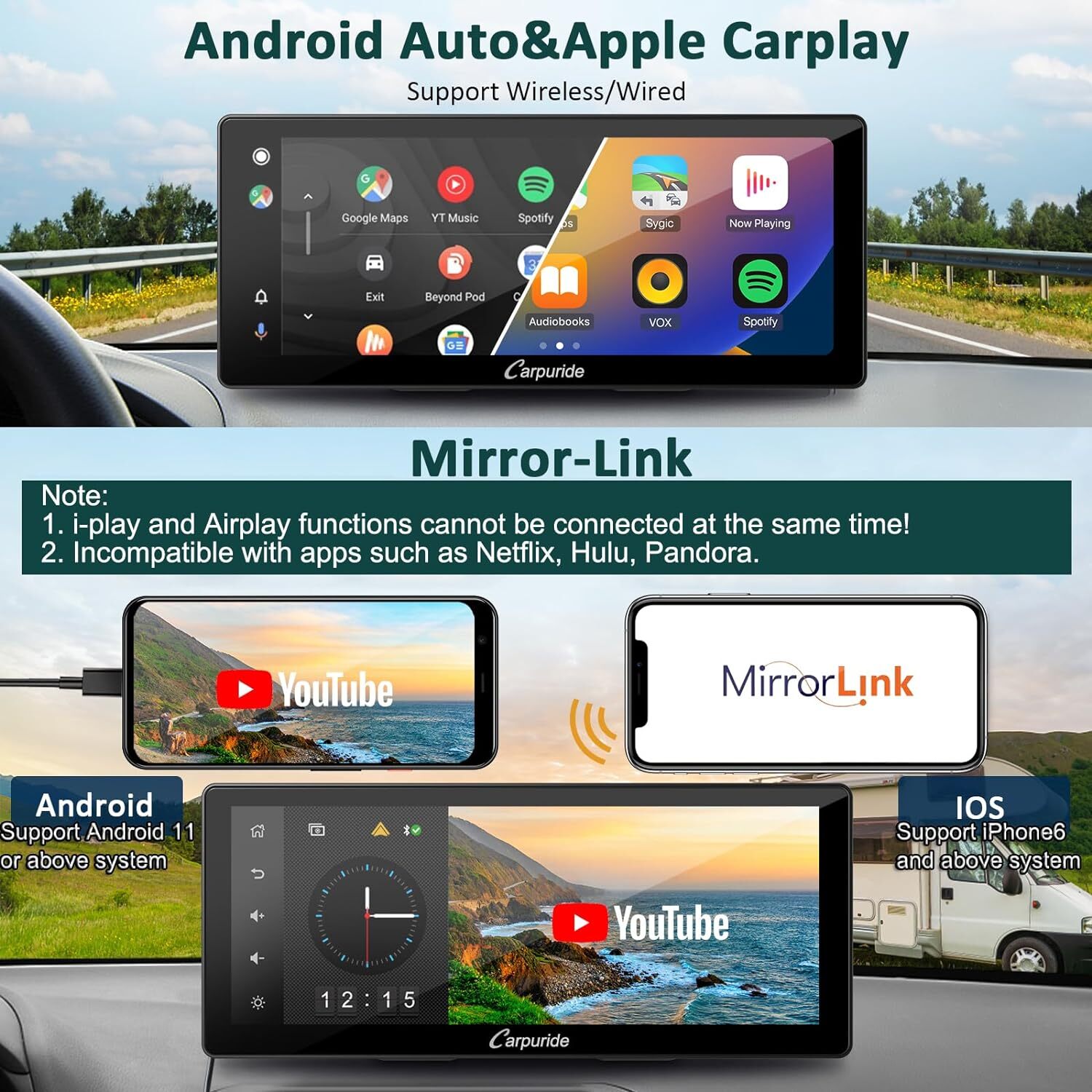 Carpuride 10.3” IPS Touch Screen Wireless Carplay Android Auto Car Radio Receive
