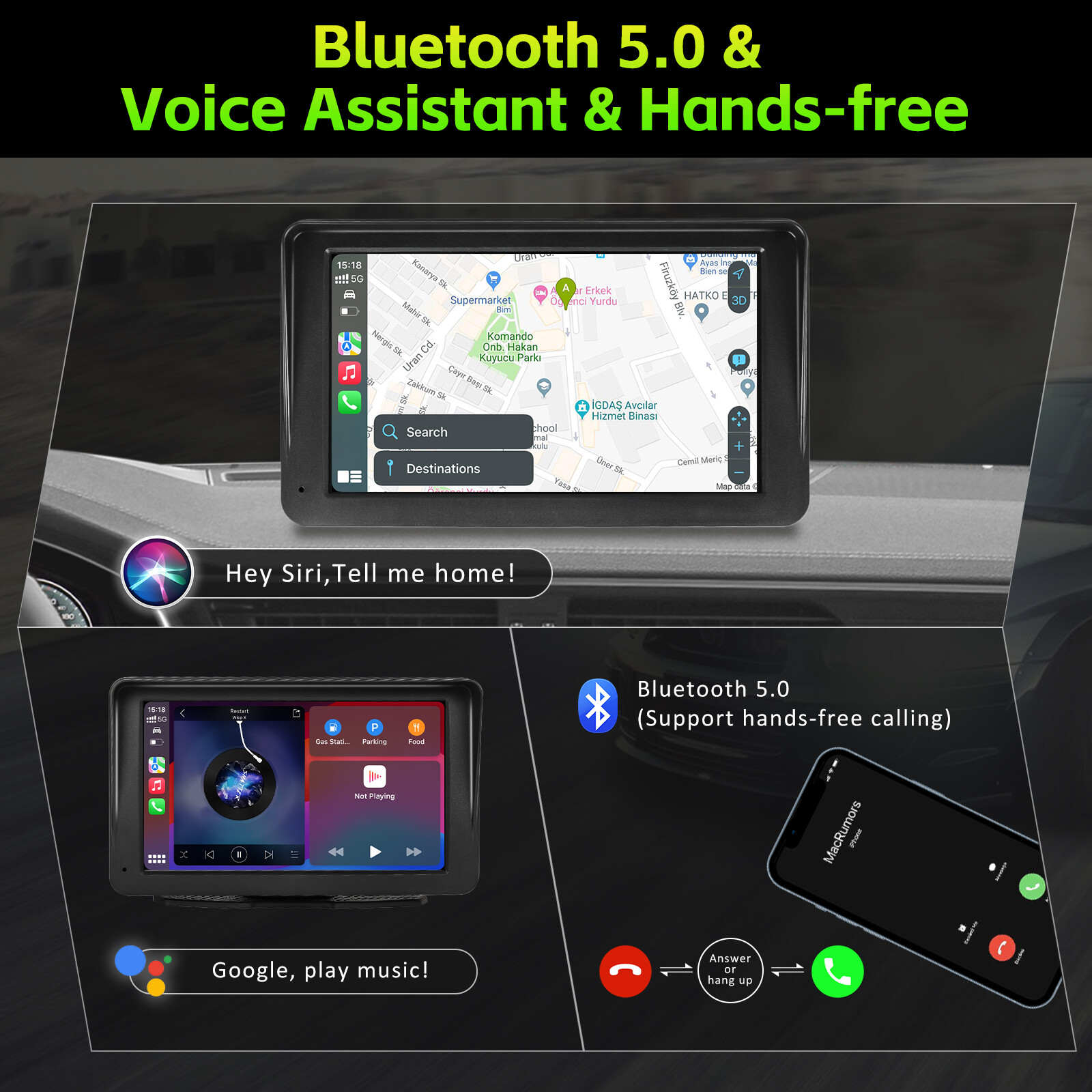 7″ Portable Carplay IOS/Android Auto Play Stereo FM Radio Touch Screen Bluetooth