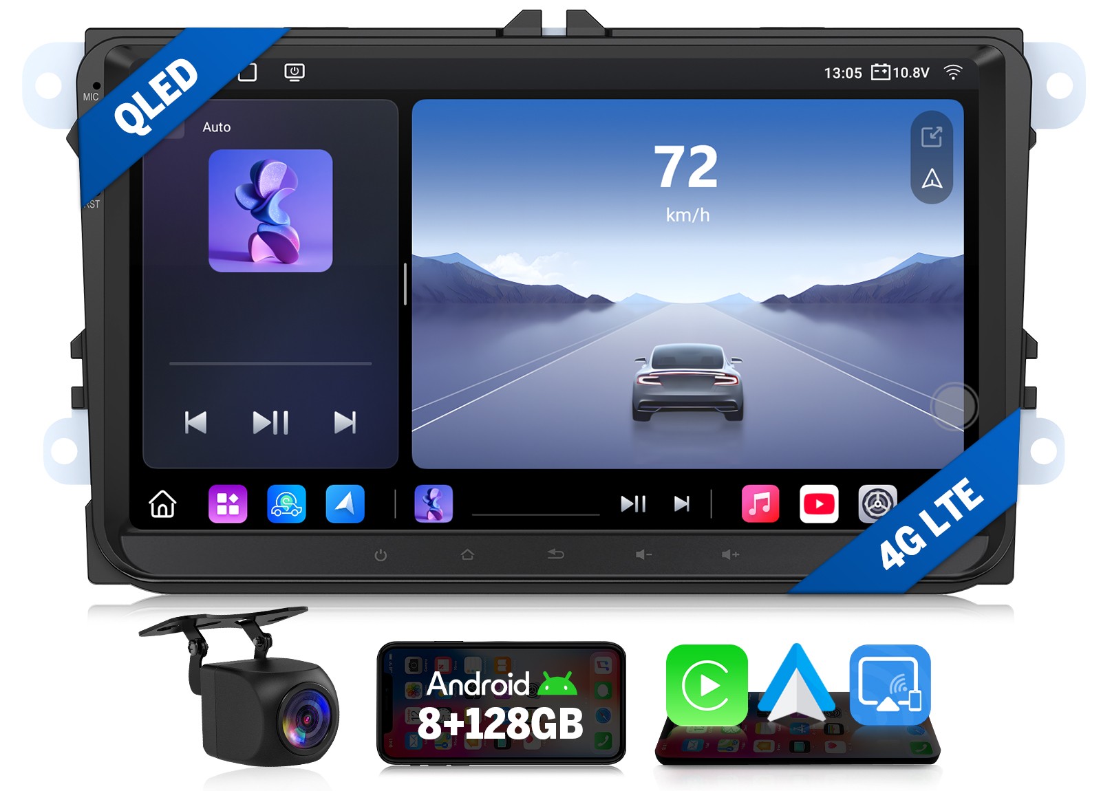 9″ QLED 8+128 Android Auto for VW Golf MK5 2004-2009 CarPlay WiFi 6 Touch Screen