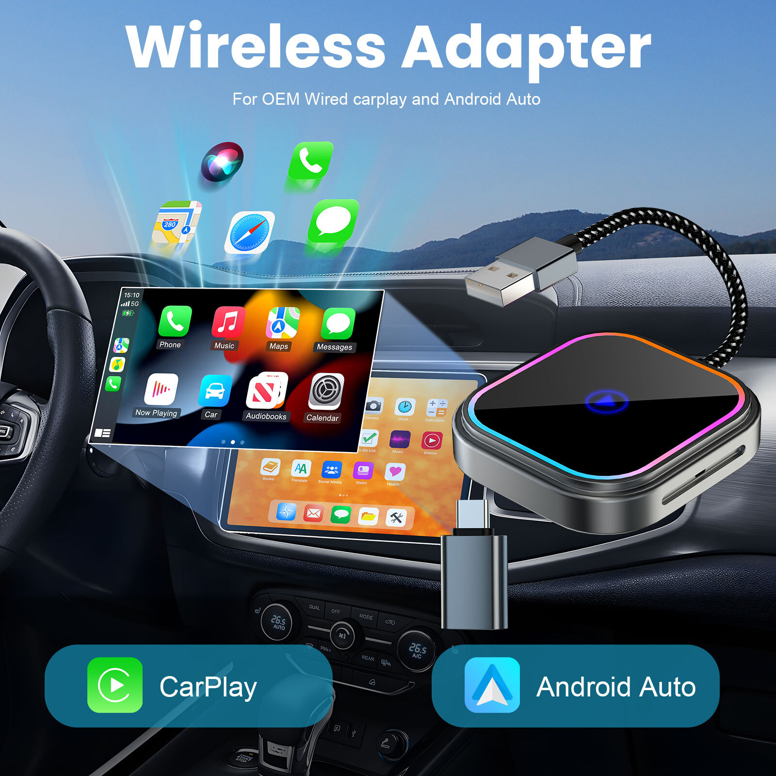 2 in 1 Wireless Carplay Adapter, Wireless Carplay and Android Auto Adapter 5.0