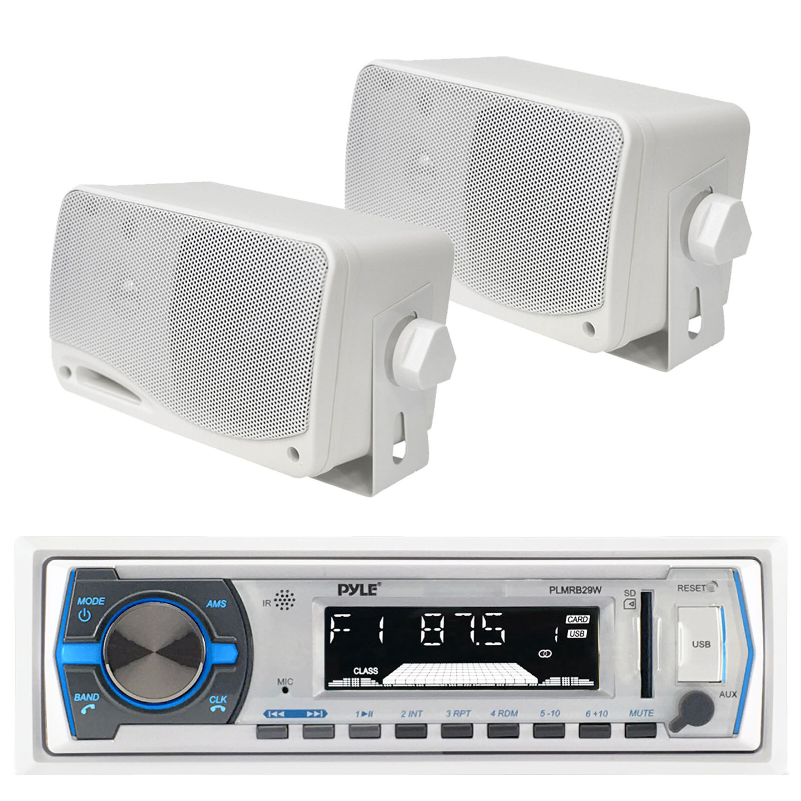 Pyle PLMRB29W Boat MP3 USB AUX Radio Pair of 3.5″ White Box Speakers PLMR24