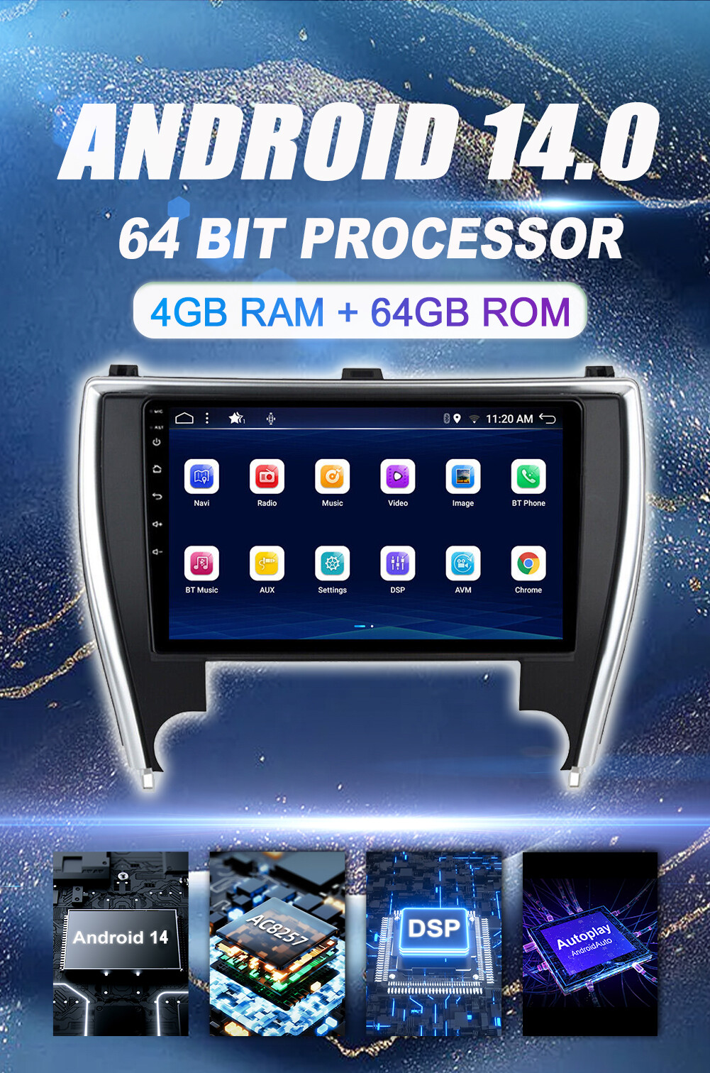 8-CORE Car Stereo For 2015-2017 Toyota Camry Android 14 Navi CarPlay 10.1″ 64GB