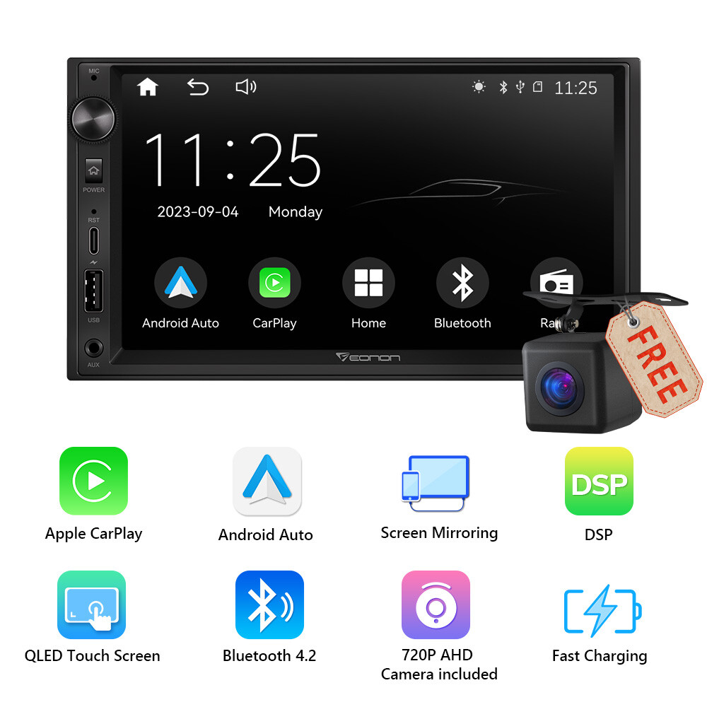 Backup Camera + 7″ QLED Double Din Car Stereo CarPlay Android Auto Radio DPS GPS