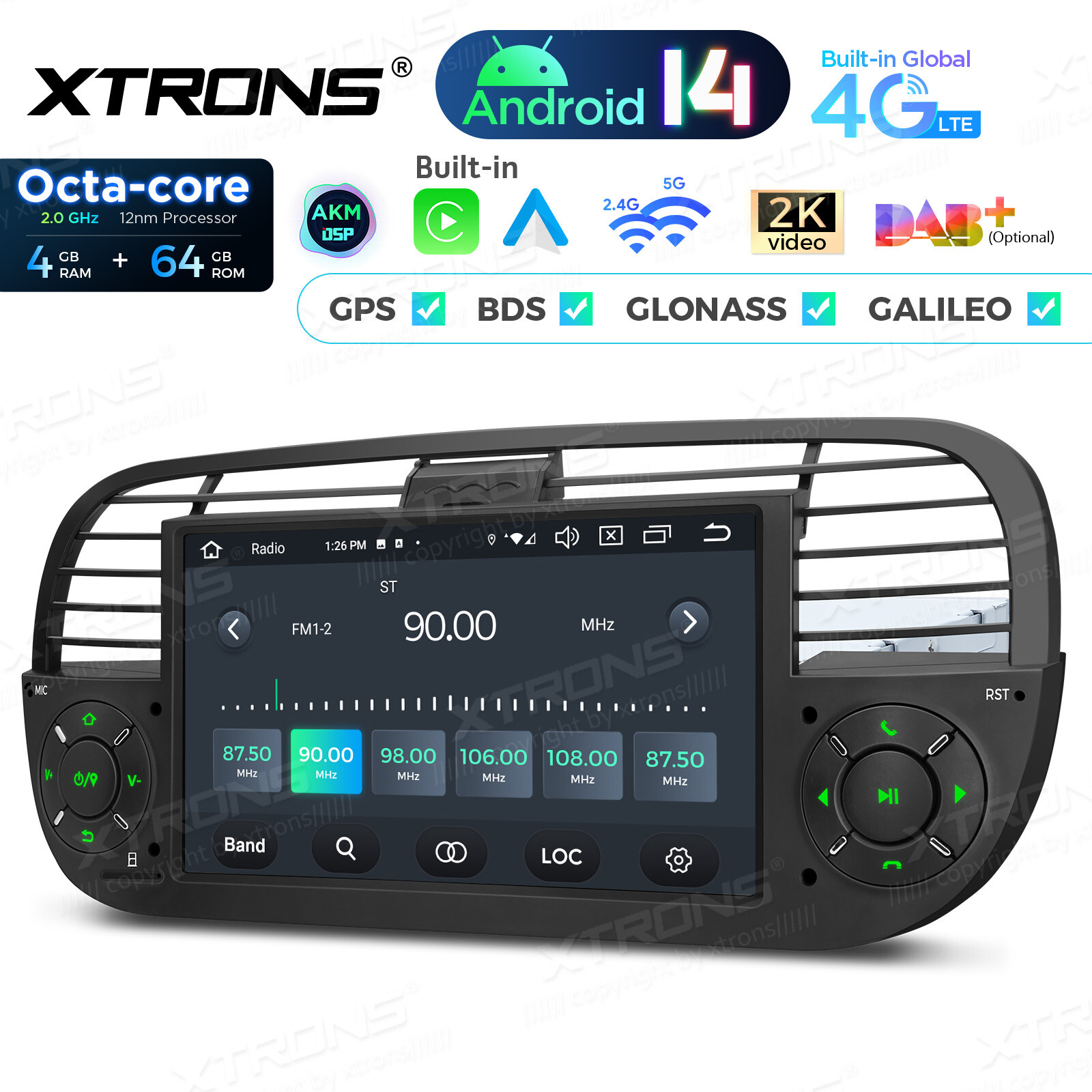 CarPlay Android 14 8Core 4+64GB FCar Stereo Radio GPS Navi or Fiat 500 2007-2015