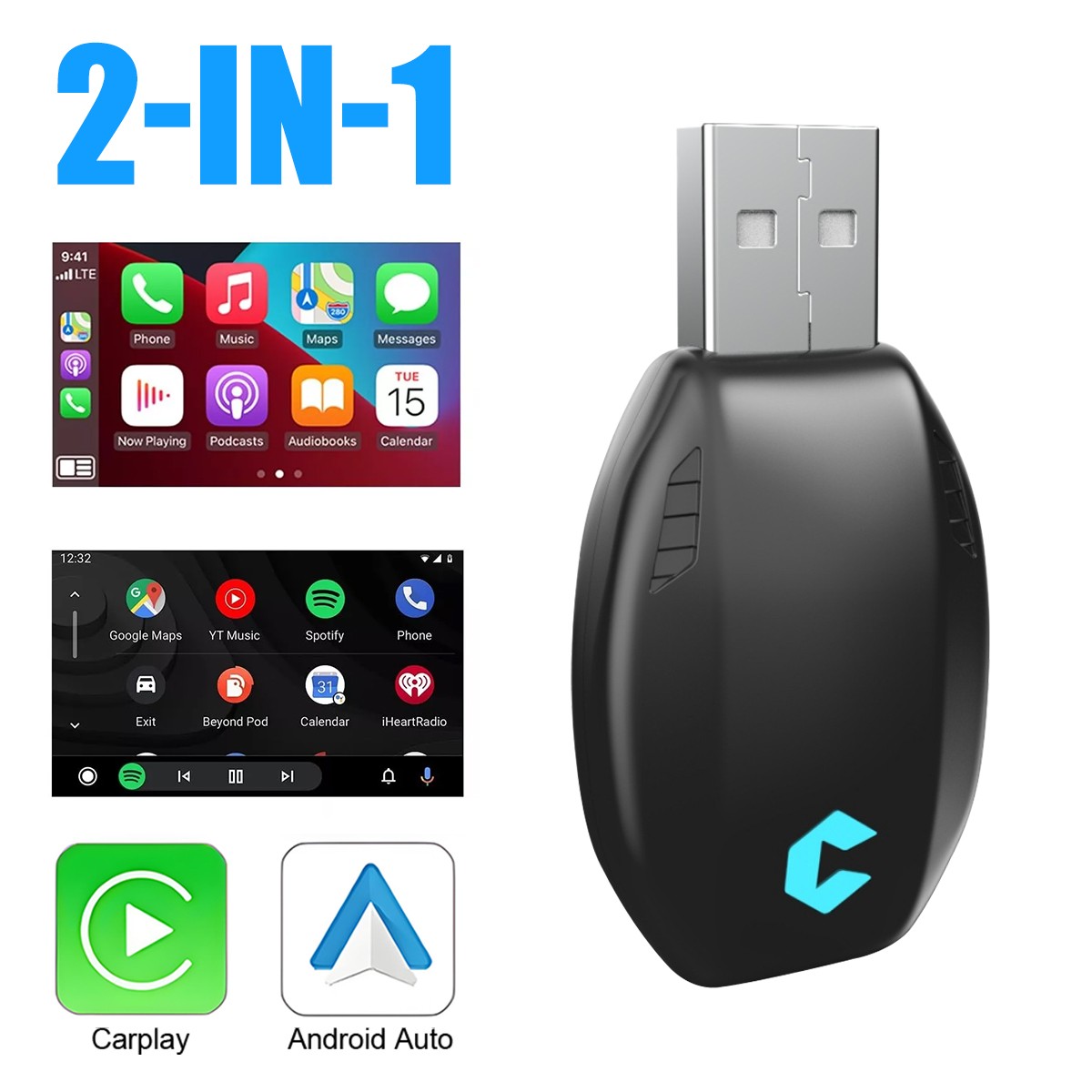 2-in-1 Wireless Android Auto Adapter Carplay Adapter USB Car Dongle Connect Box