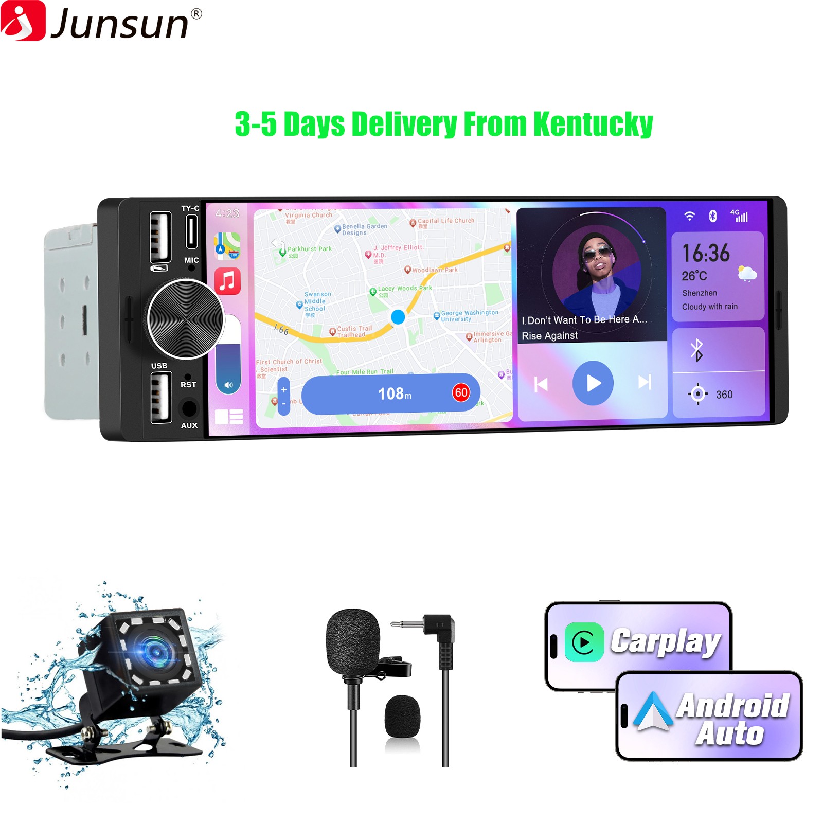 6.36″CarPlay Android Auto For Universal Car Stereo Multimedia Player Rear Camera