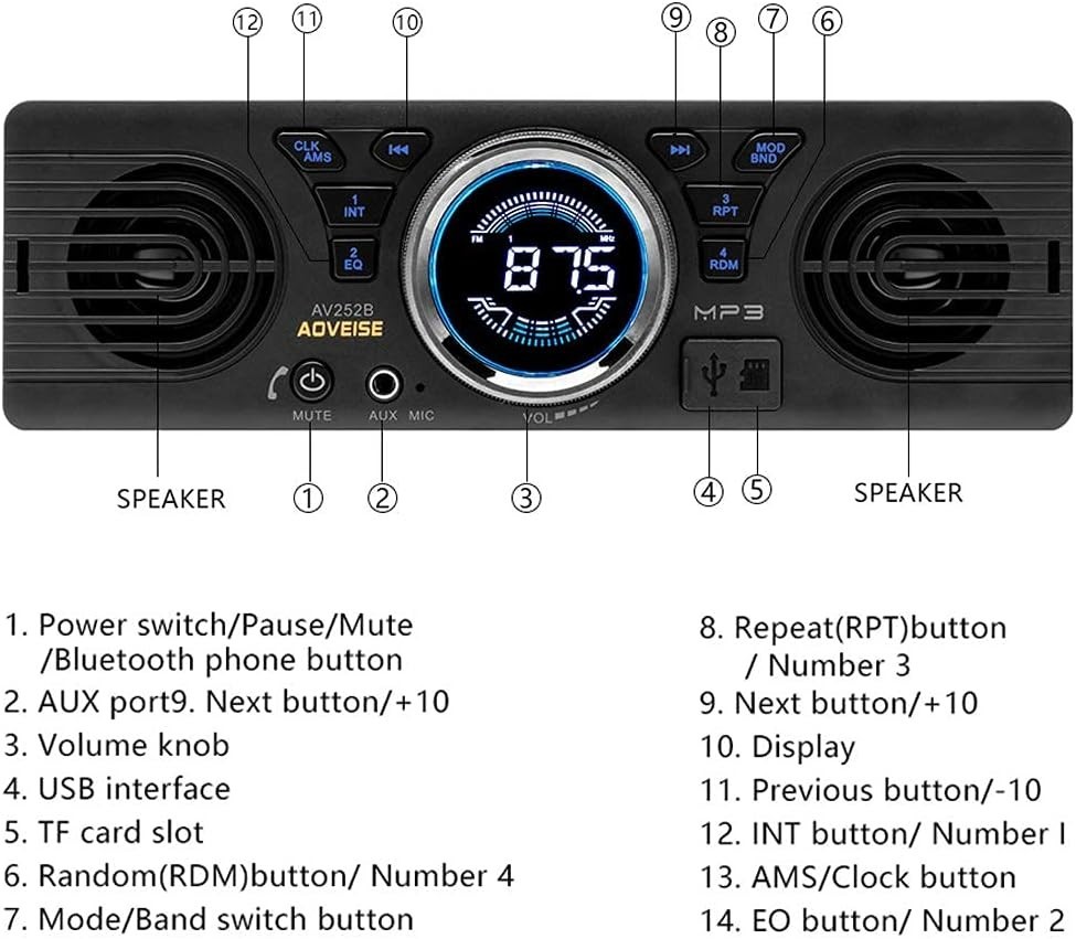 Compact AV252 Bluetooth Car Radio with Built-in Speaker & Multi-Device Support