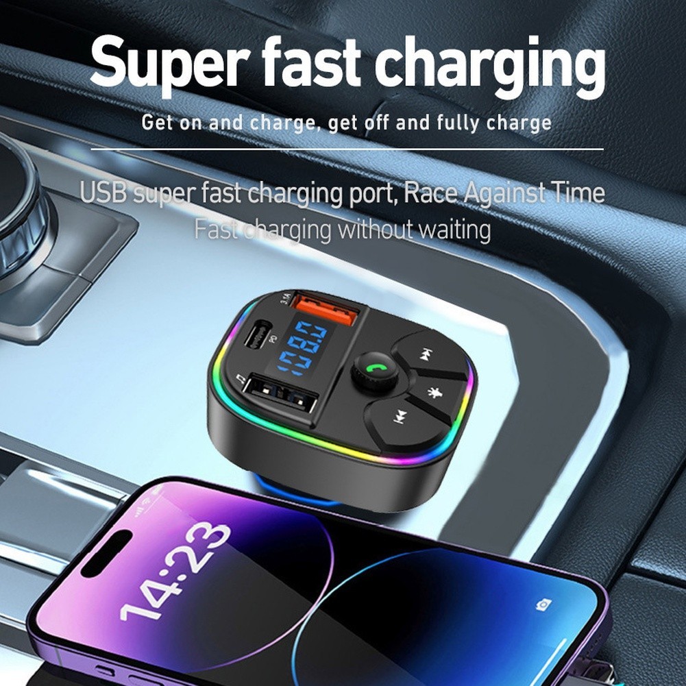 Wireless Car for fm Transmitter with Dual USB A and USBC Charging Ports MP3