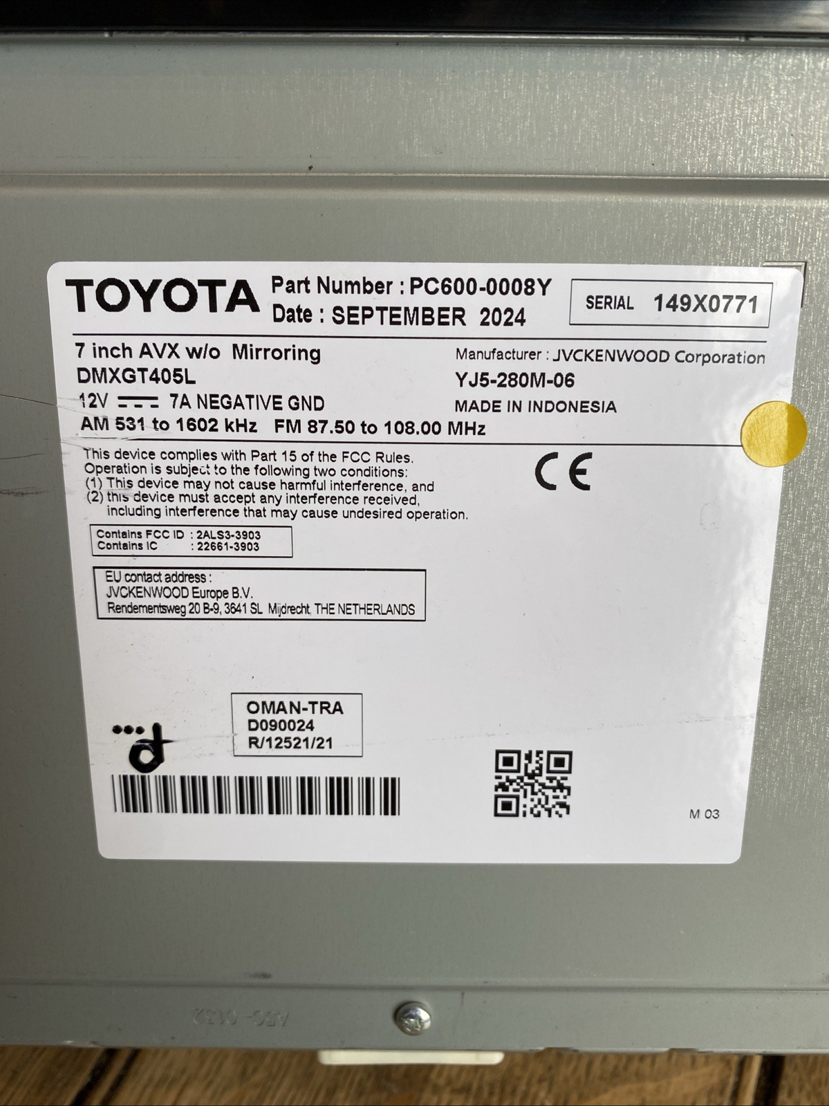 TOYOTA DOUBLE DIN USB BLUETOOTH MULTIMEDIA HEAD UNIT PC600-0008Y