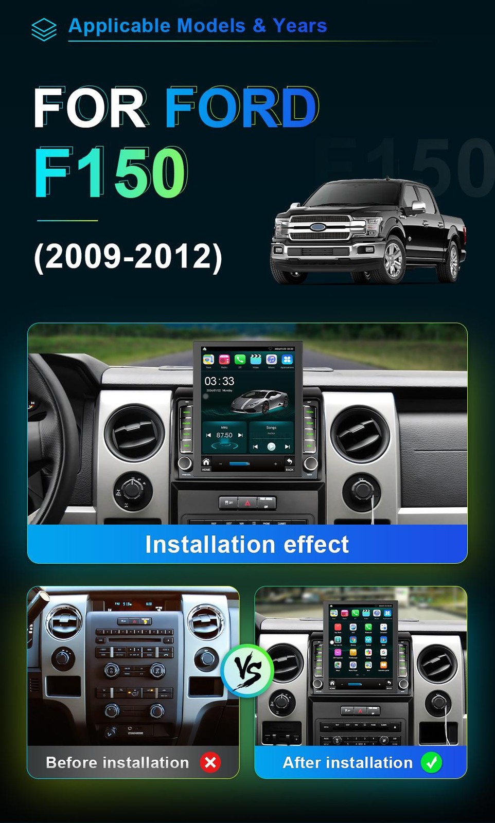 9.7″ Apple CarPlay for Ford F-150/F150 2009-2012 Stereo 2+32GB GPS Radio Navi BT