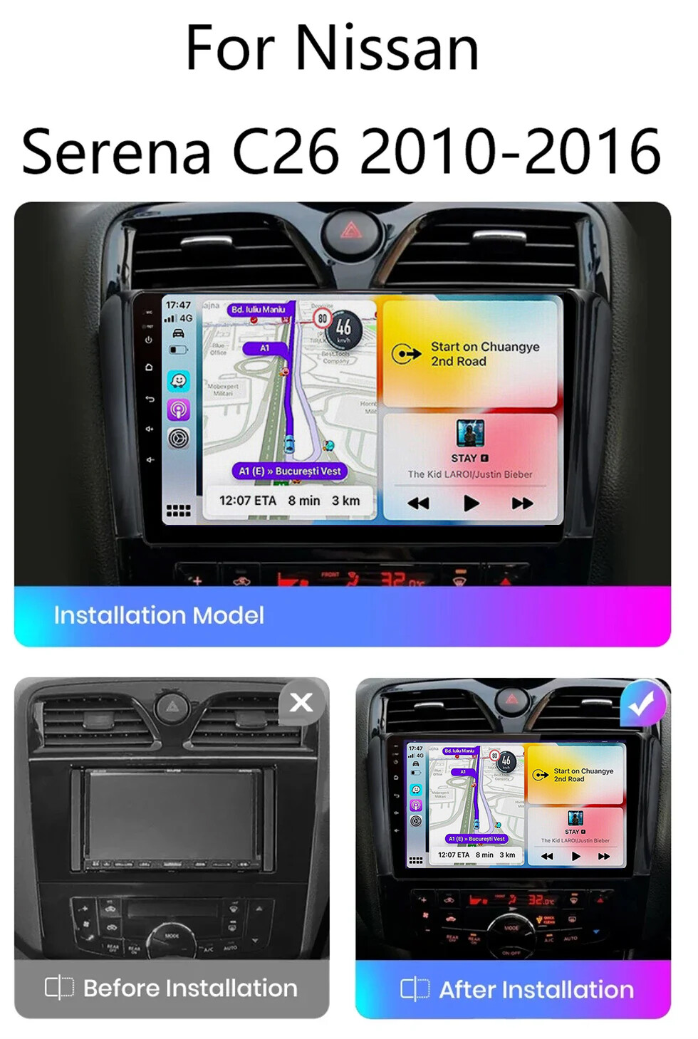 CarPlay Android Car Stereo For Nissan Serena 4 C26 2010-16 GPS Navi Stereo 32GB