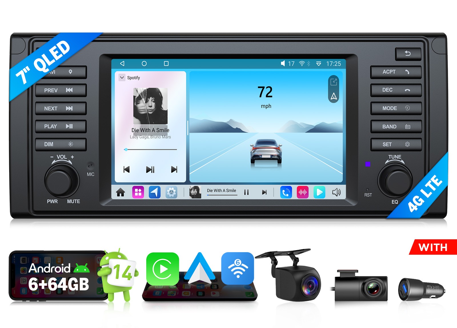 7″Android 14 Auto QLED 6+64 for BMW E39 528i 530i 1995-2003 Car Stereo GPS Radio