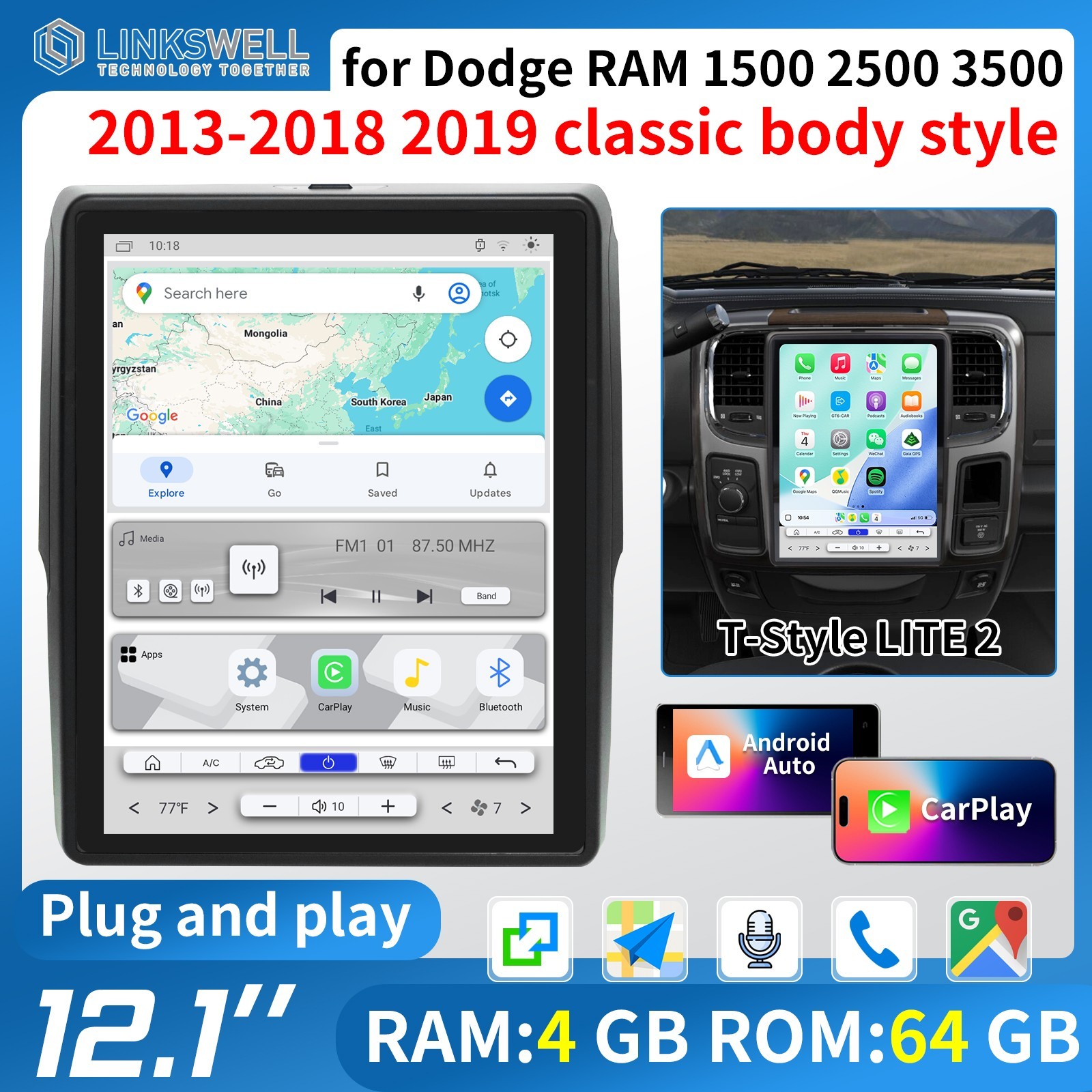 For Dodge RAM 2013-19 Touch Screen Stereo Bluetooth Radio Apple/Android Carplay