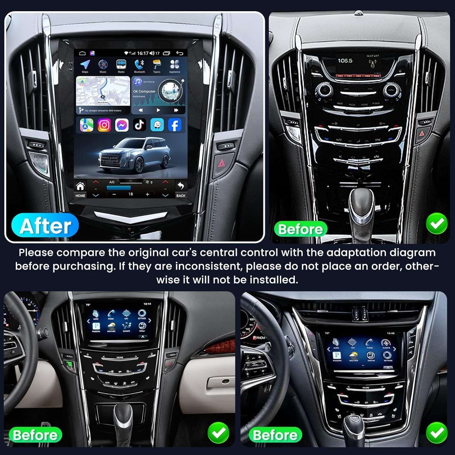 Car Radio Stereo Carplay For 2013-2018 Cadillac ATS/XTS/SRX/CTS Auto Mirror Link