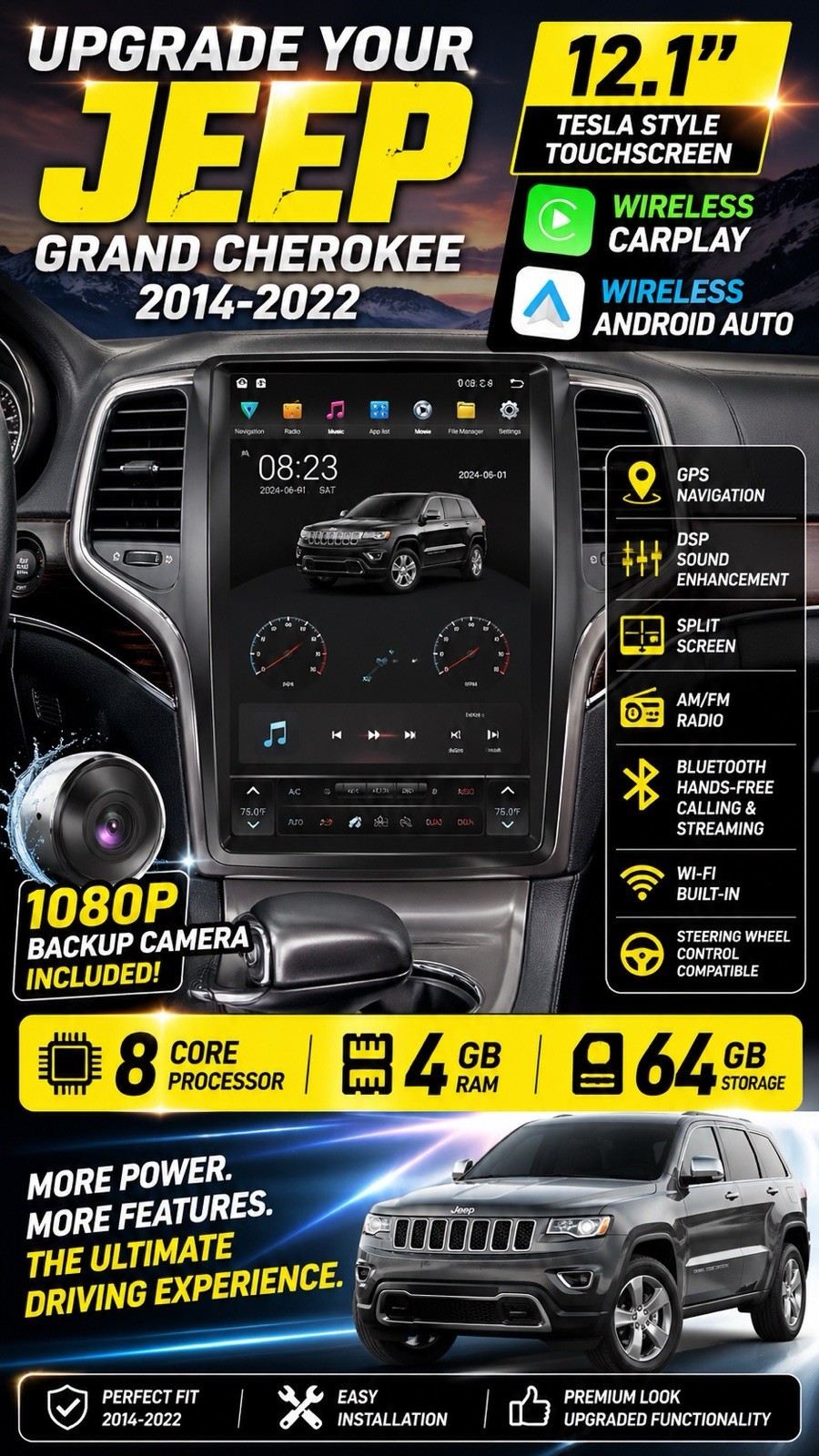 Jeep Grand Cherokee 2014-2022 12.1″ Touchscreen Radio CarPlay GPS 4GB 64GB