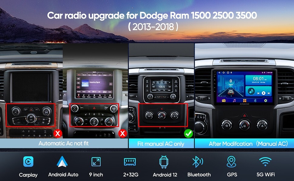 Car Stereo for Dodge Ram 1500/2500/3500 (2013–2018) Wireless CarPlay & Android