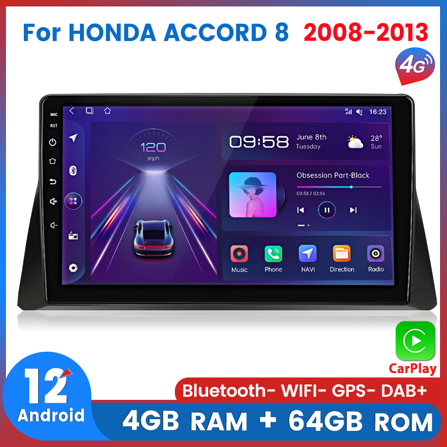8Core 4G+64GB Android 12 Carplay Car Radio For 2008-2013 Honda Accord 8 GPS Navi