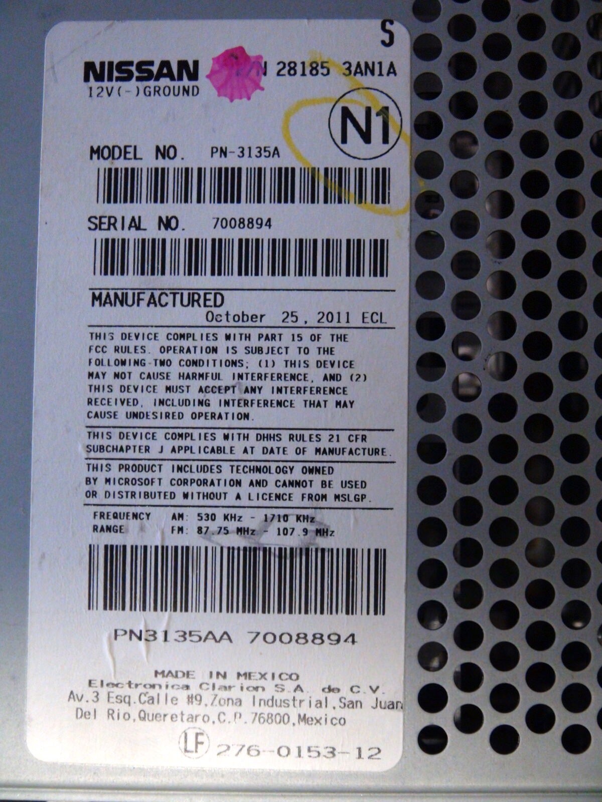 Nissan Versa 2012 2013 CD MP3 player none-BOSE CY20G front AUX iPod RDS TESTED