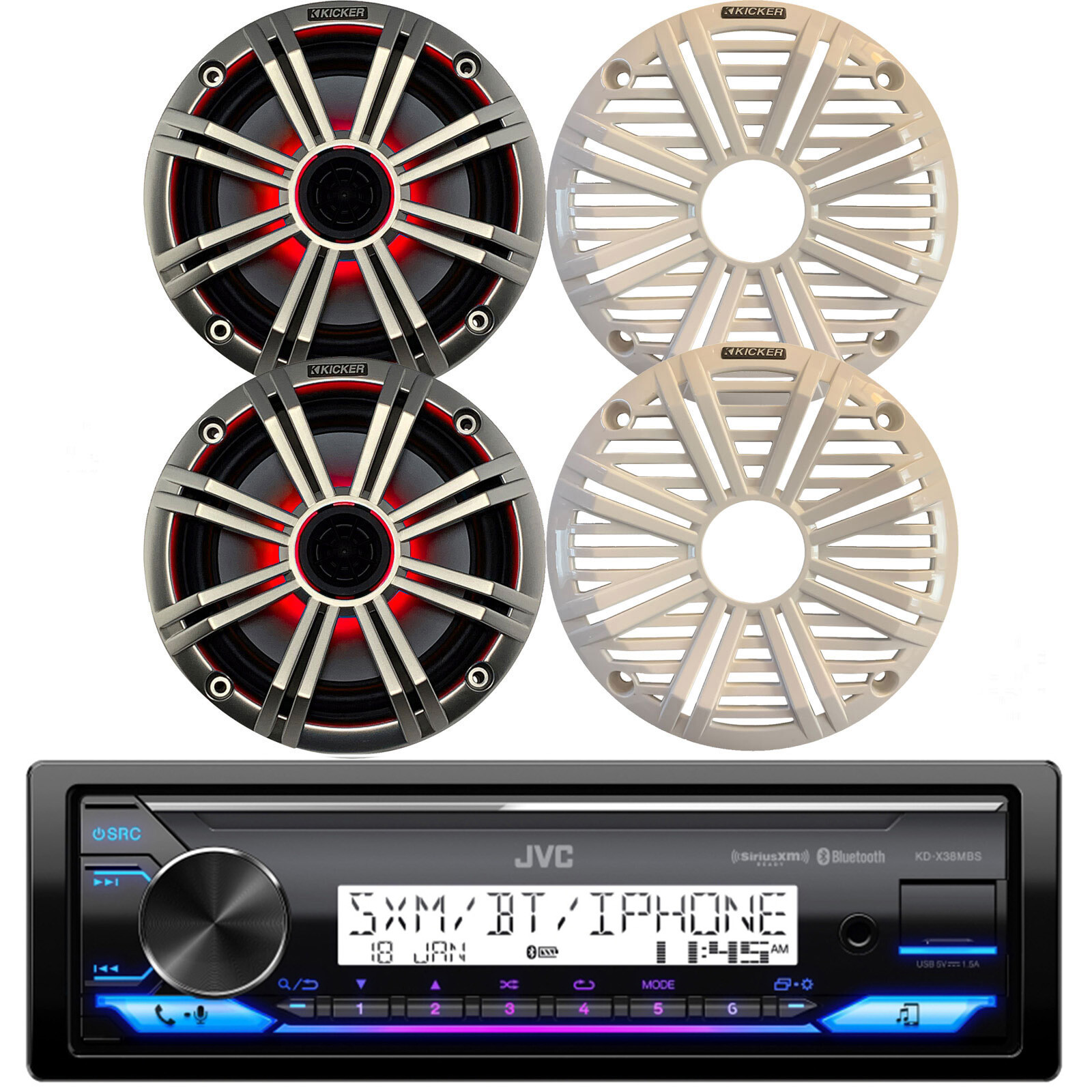 JVC KDX38MBS Stereo Bluetooth Radio, 1 Pair Kicker 6.5″ LED Marine Boat Speaker