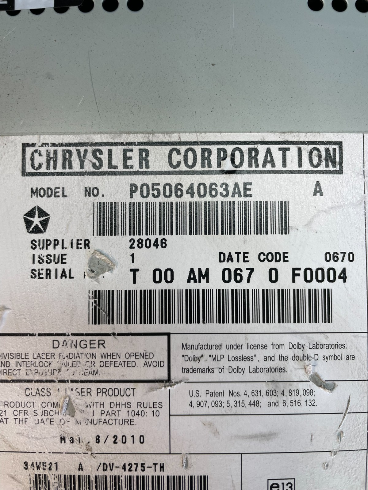 2008 to 2012 Chrysler Town Country DVD Player Receiver OEM ad5942 DG