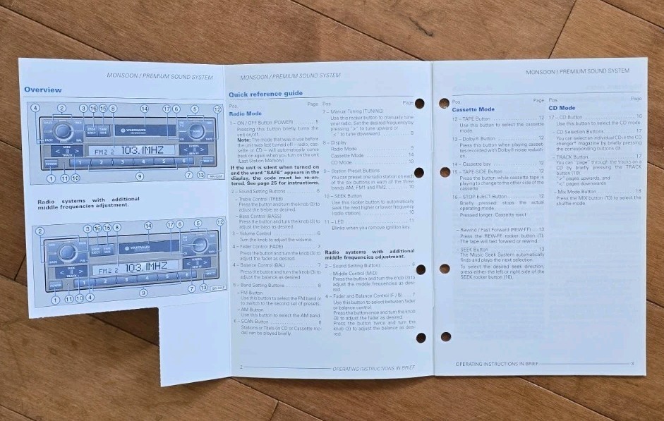 1999-2004 VW EUROVAN Monsoon Stereo Radio Cassette Manual Quick Reference Guide