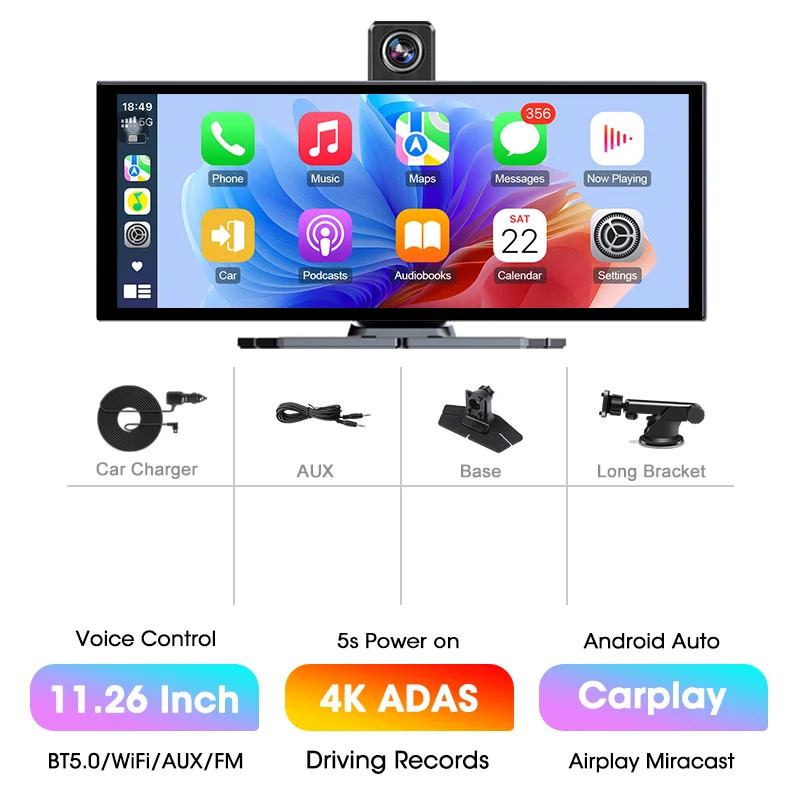 11.26″ 4K ADAS Dash Cam Display Wireless CarPlay Screen DVR Dual Recording Night