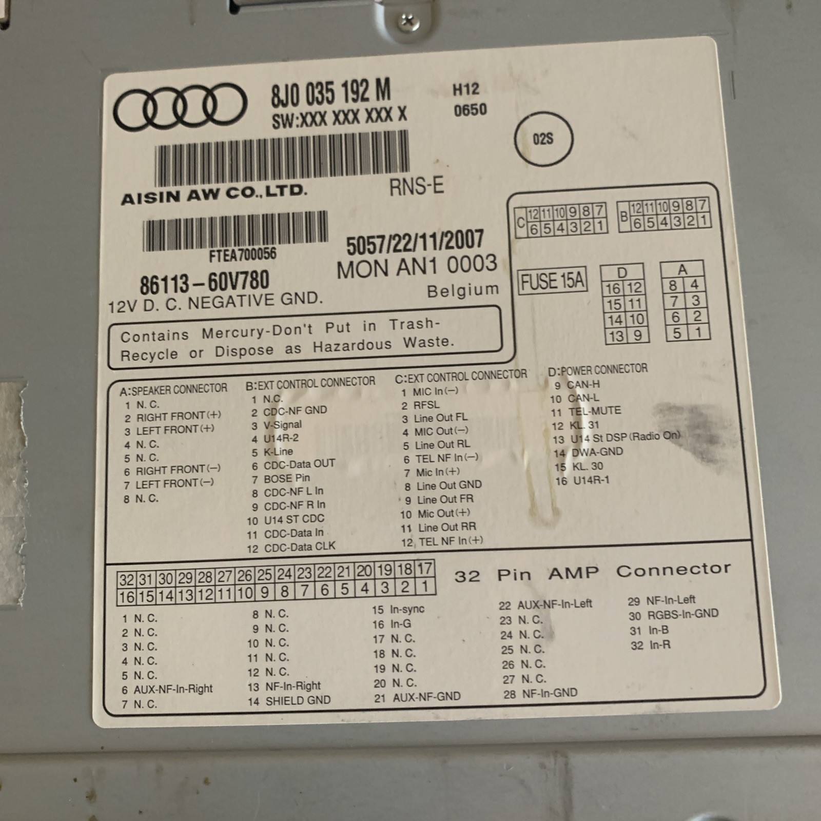 Audi RNS-E Navigation Plus Unit – 8J0035192M please read description