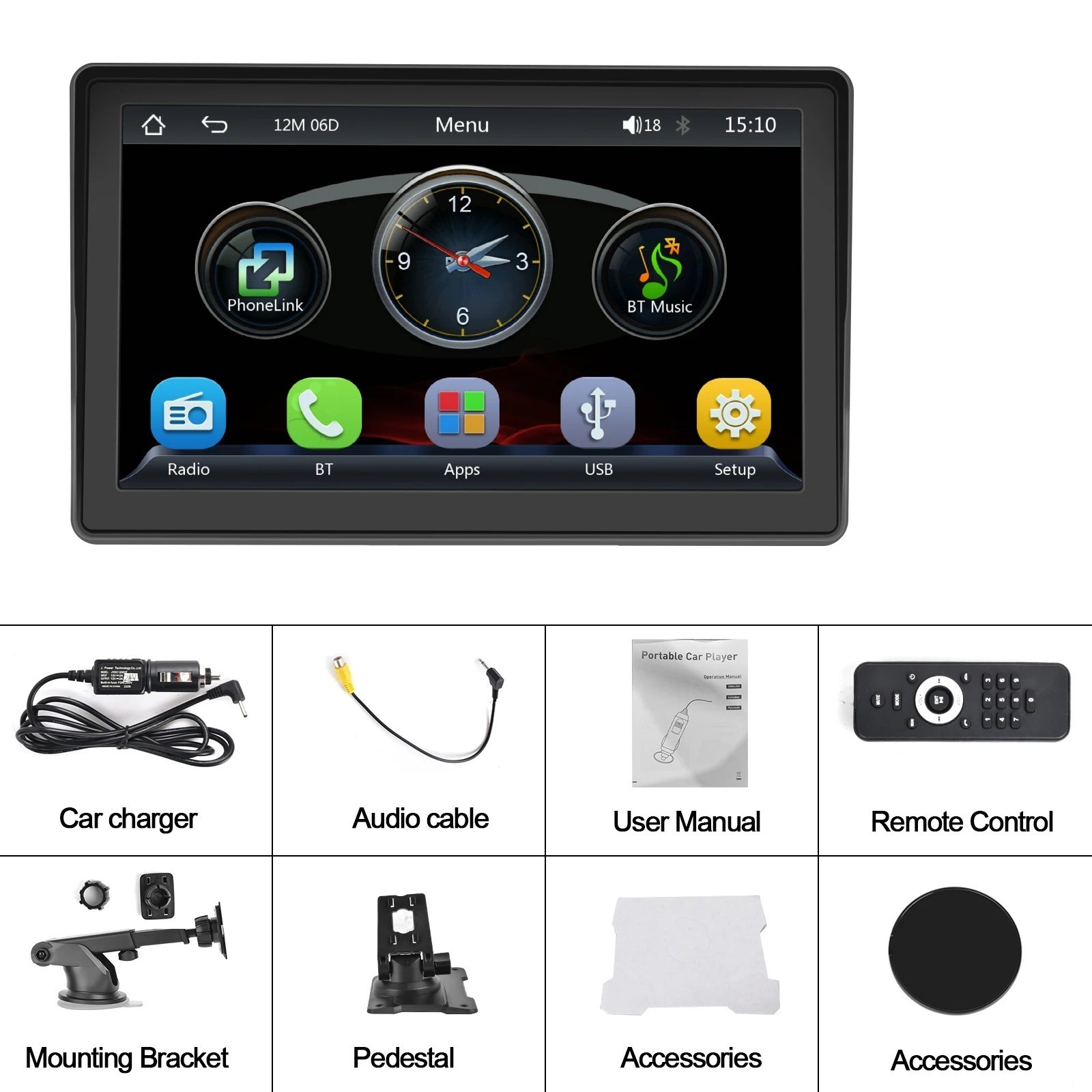 Podofo 7” Wireless CarPlay Android Auto MP5 Monitor Bluetooth FM USB Camera