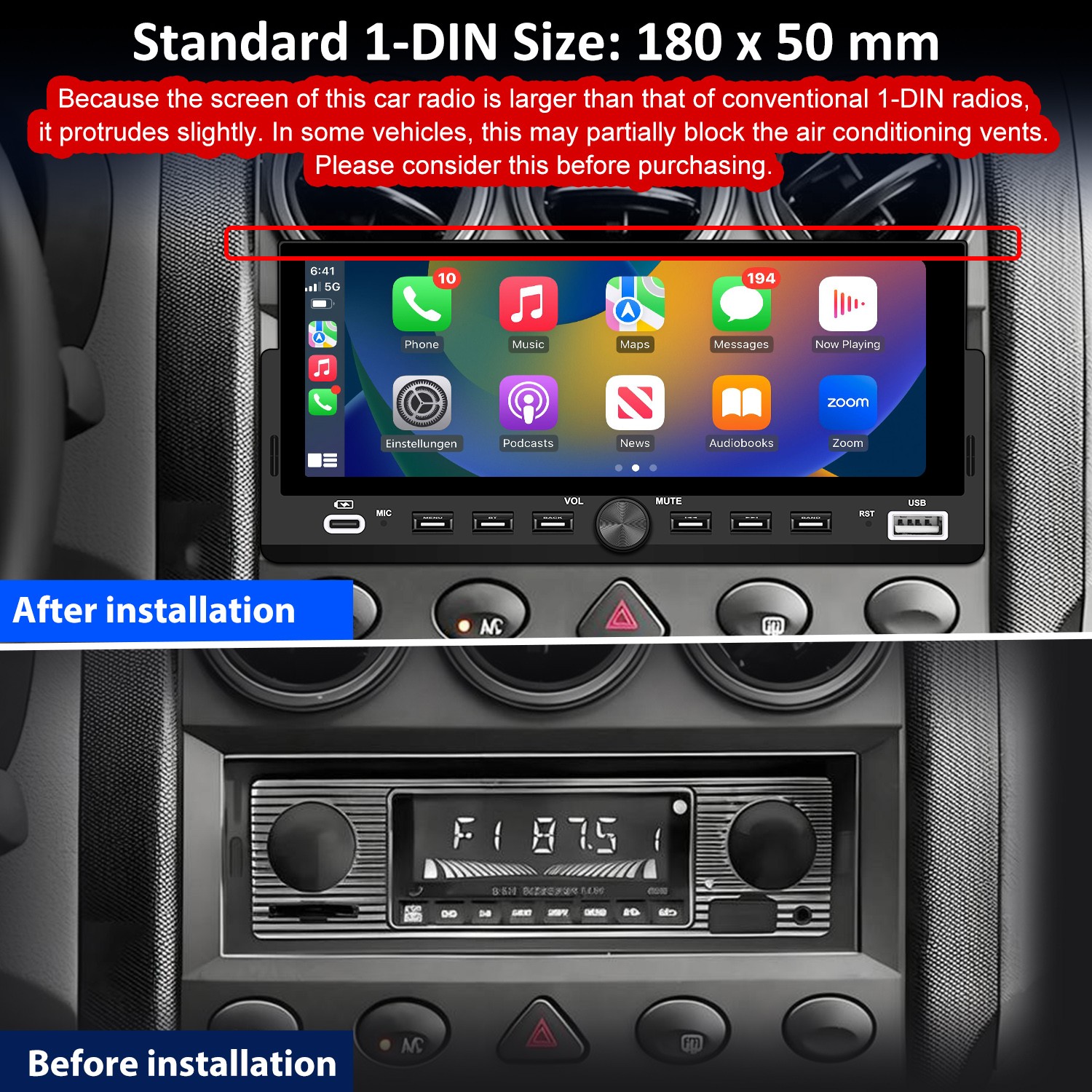 6.86″CarPlay Android Auto For Universal Car Stereo Multimedia Player Rear Camera